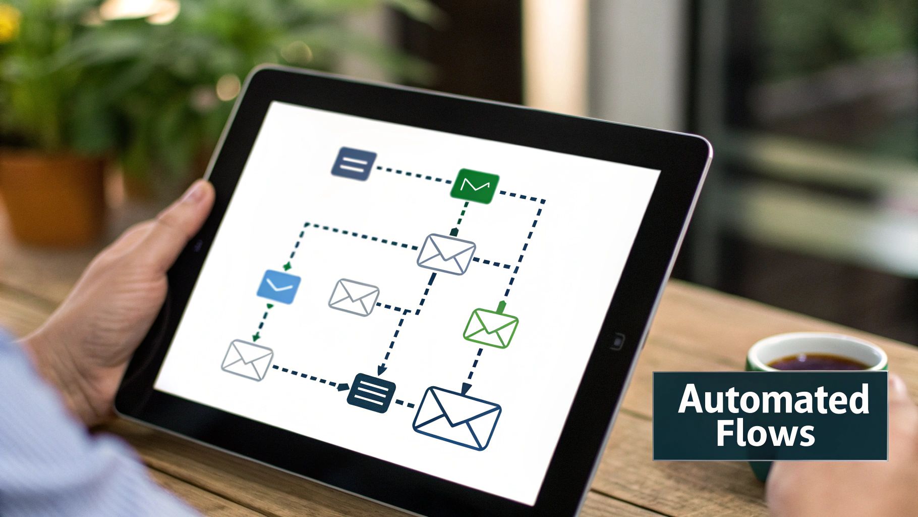 Hands holding a tablet displaying a flowchart of an automated email marketing campaign.