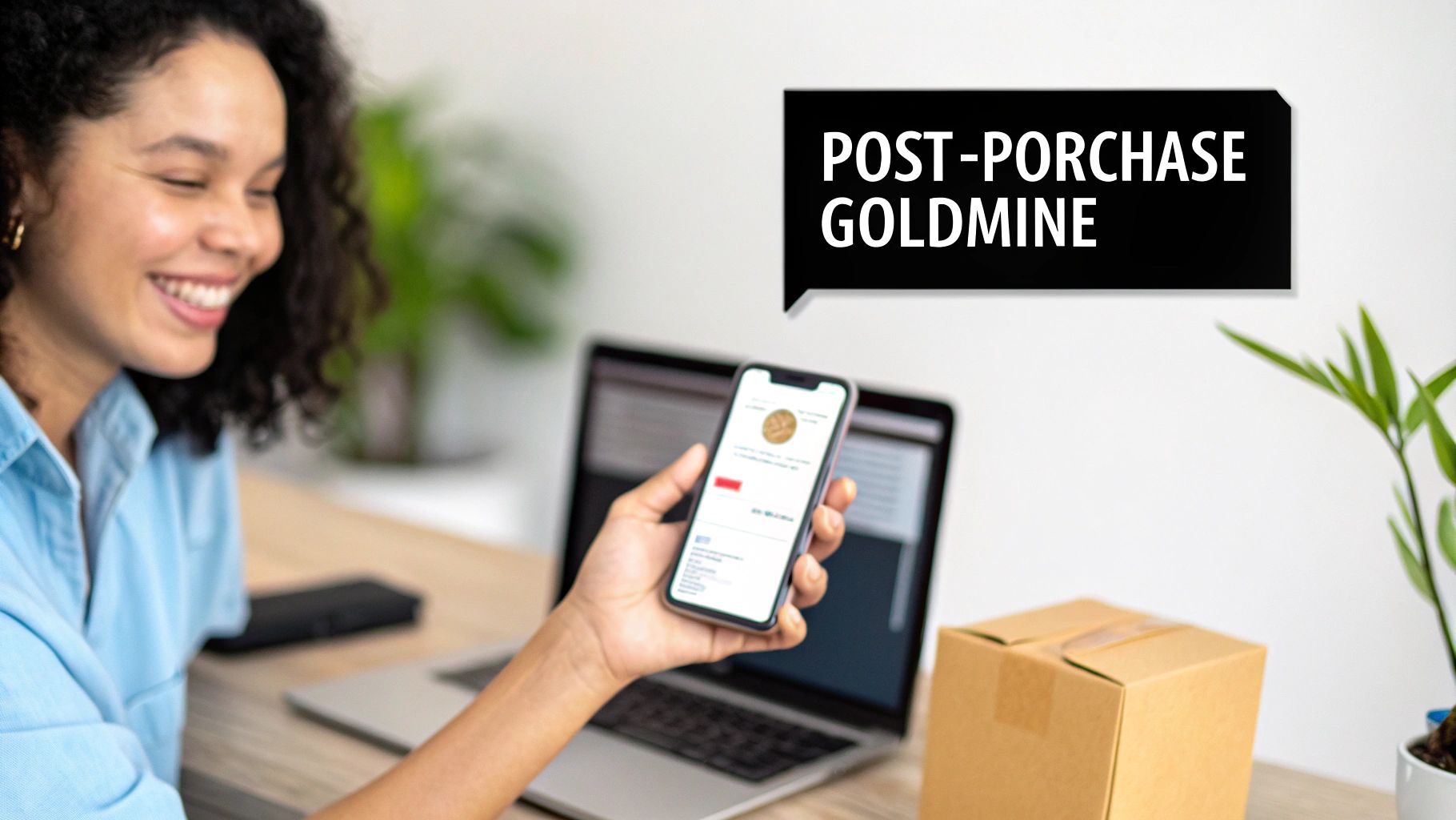 Smiling woman holding a smartphone with an app, a delivered package, and a laptop, signifying post-purchase engagement.