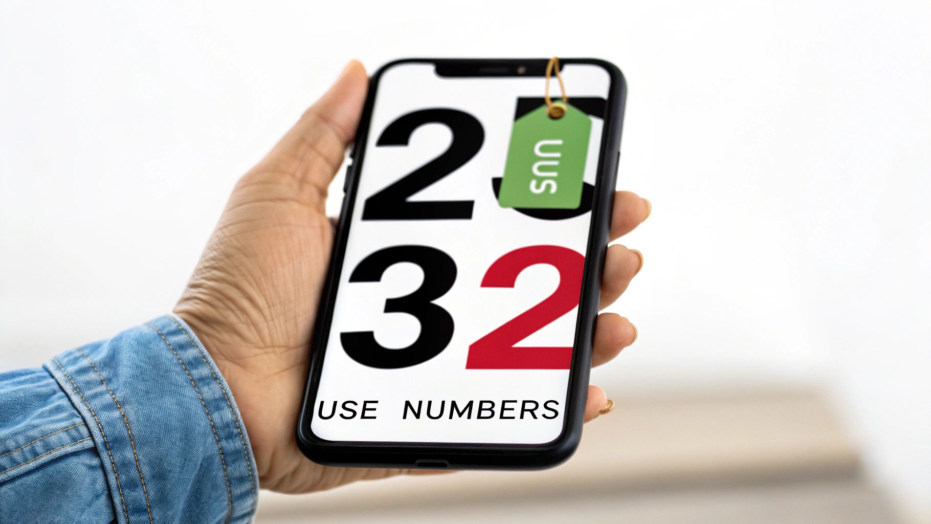 A hand holds a smartphone displaying large numbers 25 and 32, with a green tag and 'USE NUMBERS'.