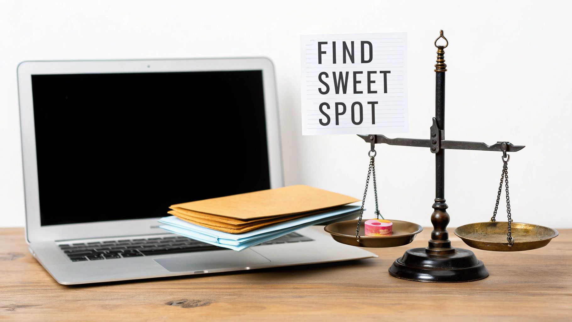A laptop and envelopes next to a balance scale with a 'FIND SWEET SPOT' sign.
