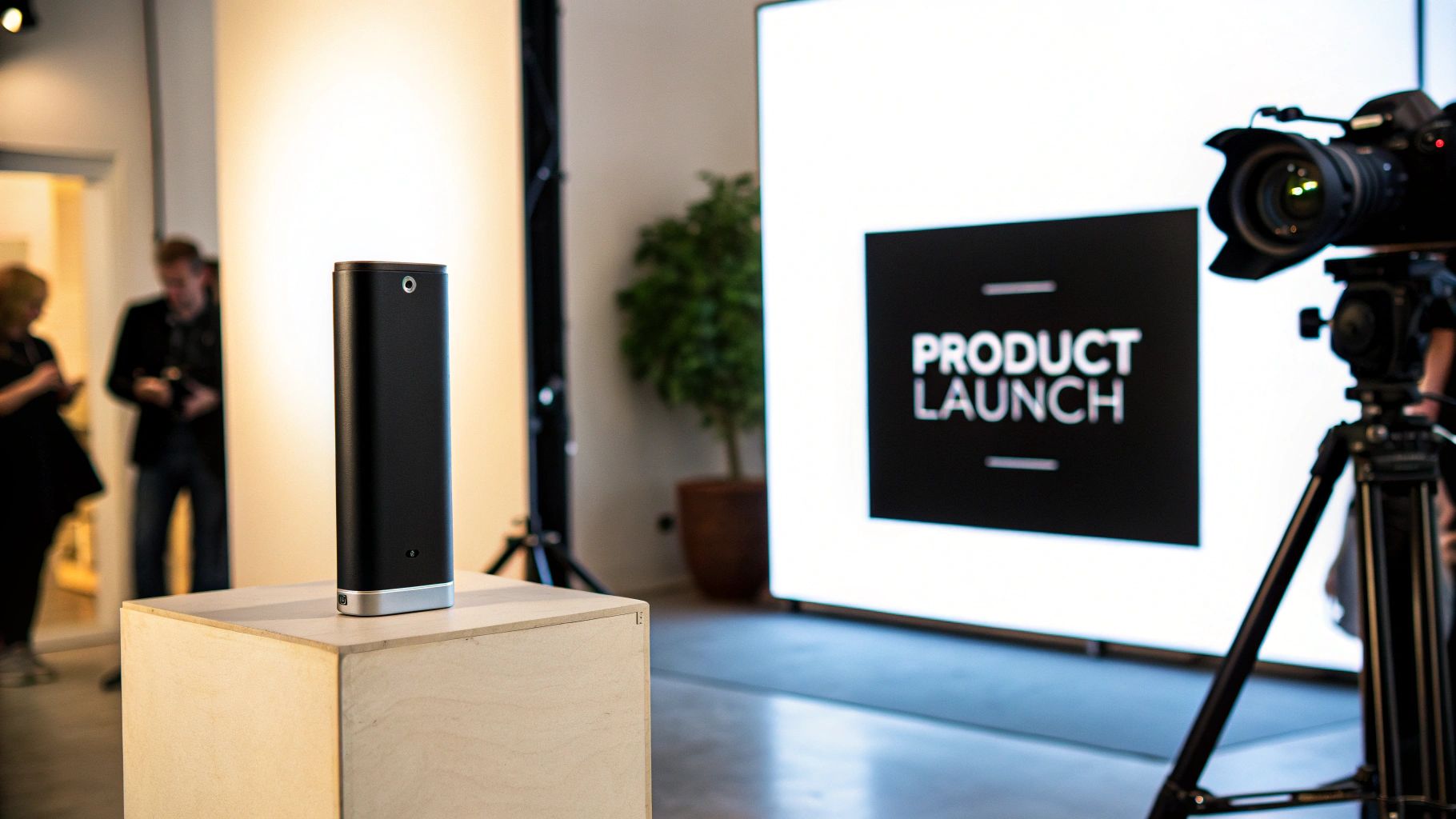 A sleek black cylindrical product displayed on a wooden block at a product launch event.