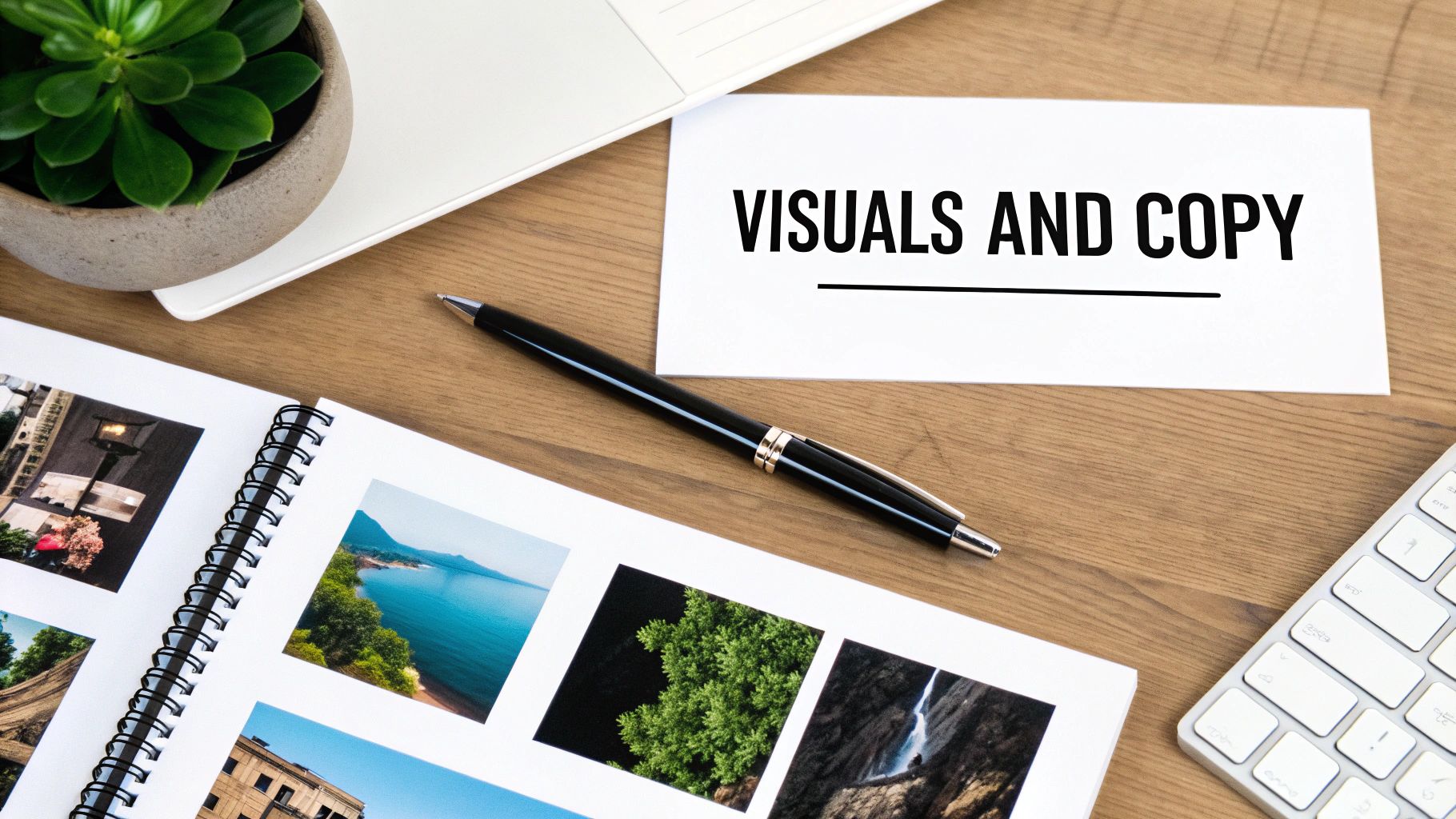 A flat lay of a desk with a card reading 'VISUALS AND COPY', a pen, a photo album, a laptop, and a plant.
