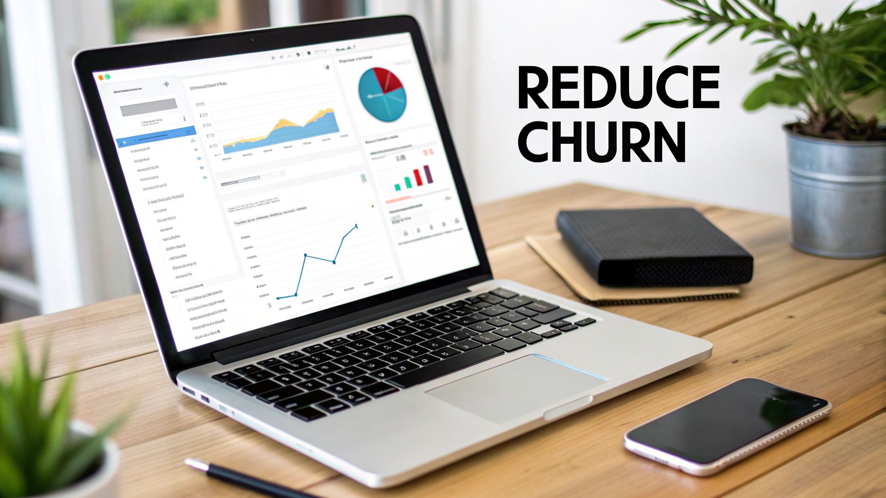 A laptop on a wooden desk displays a business analytics dashboard with graphs, charts, and 'REDUCE CHURN' text.