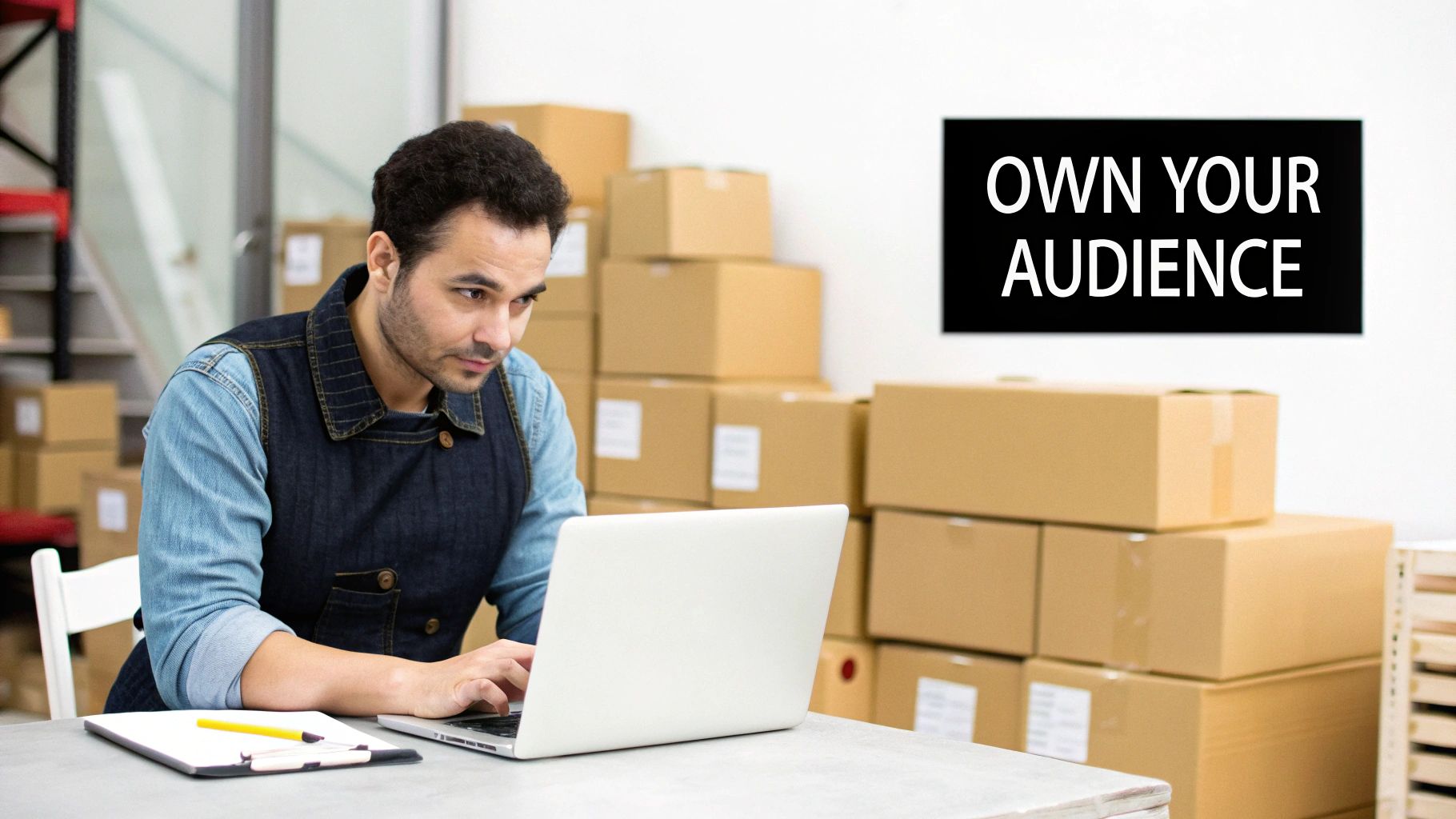 A male small business owner working on his laptop in a room filled with shipping boxes.