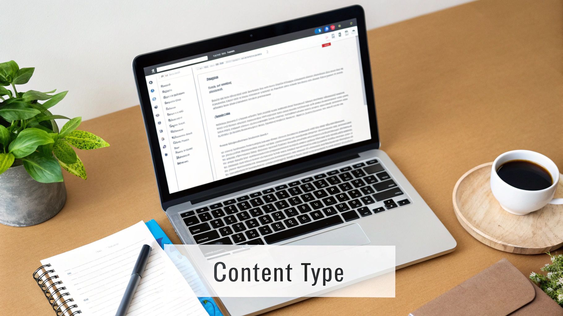 Overhead view of a laptop displaying content, coffee, plant, and notebook on a modern workspace.