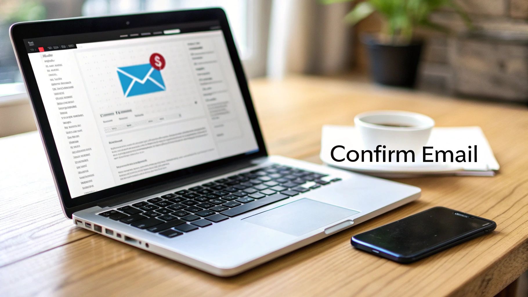 A laptop displays an email interface with a notification, coffee cup, smartphone, and 'Confirm Email' note on a wooden desk.