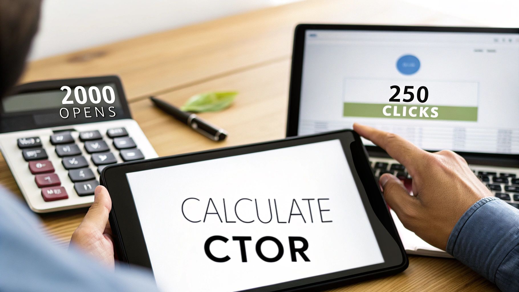 Hands calculating email click-through open rate using a calculator, tablet, and laptop with opens and clicks data.