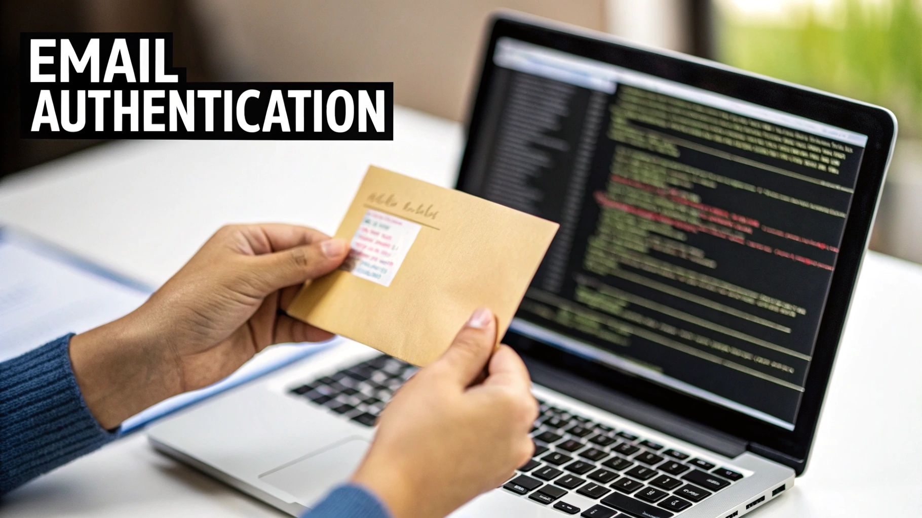 A person holds a brown envelope in front of an open laptop displaying code, with 'EMAIL AUTHENTICATION' text.