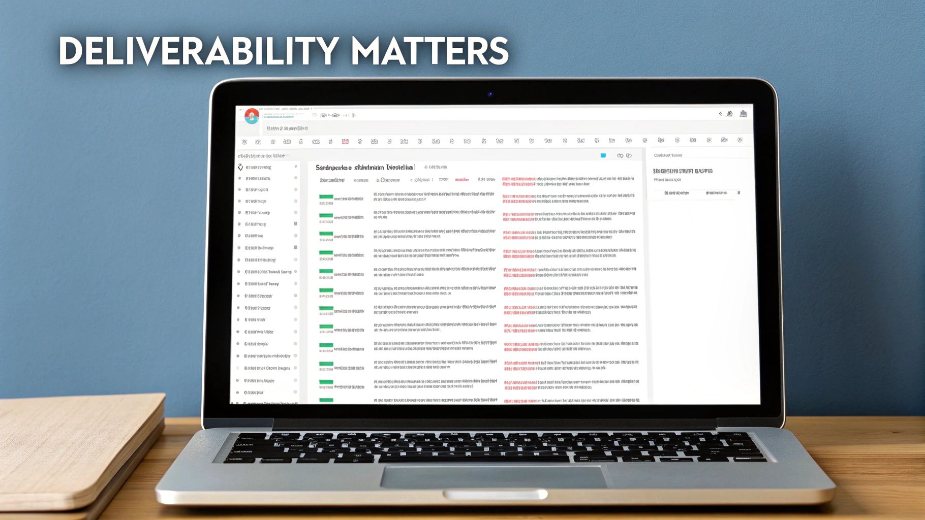 A laptop displays an email deliverability report with various metrics, alongside 'DELIVERABILITY MATTERS' text.