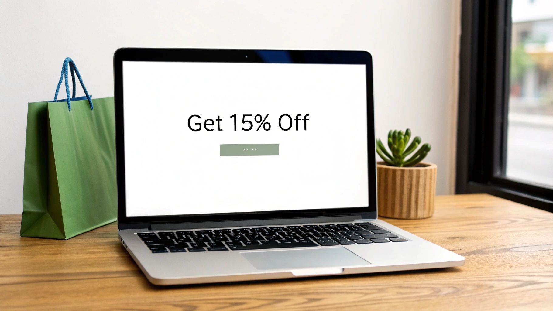 A laptop on a wooden desk displays a "Get 15% Off" message, next to a green shopping bag and a small potted plant.