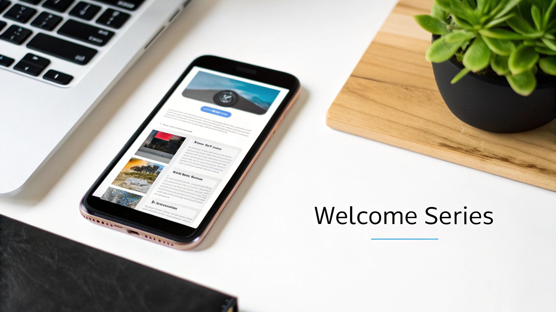 A modern desk flat lay featuring a laptop, smartphone displaying an email, a potted plant, and 'Welcome Series' text.