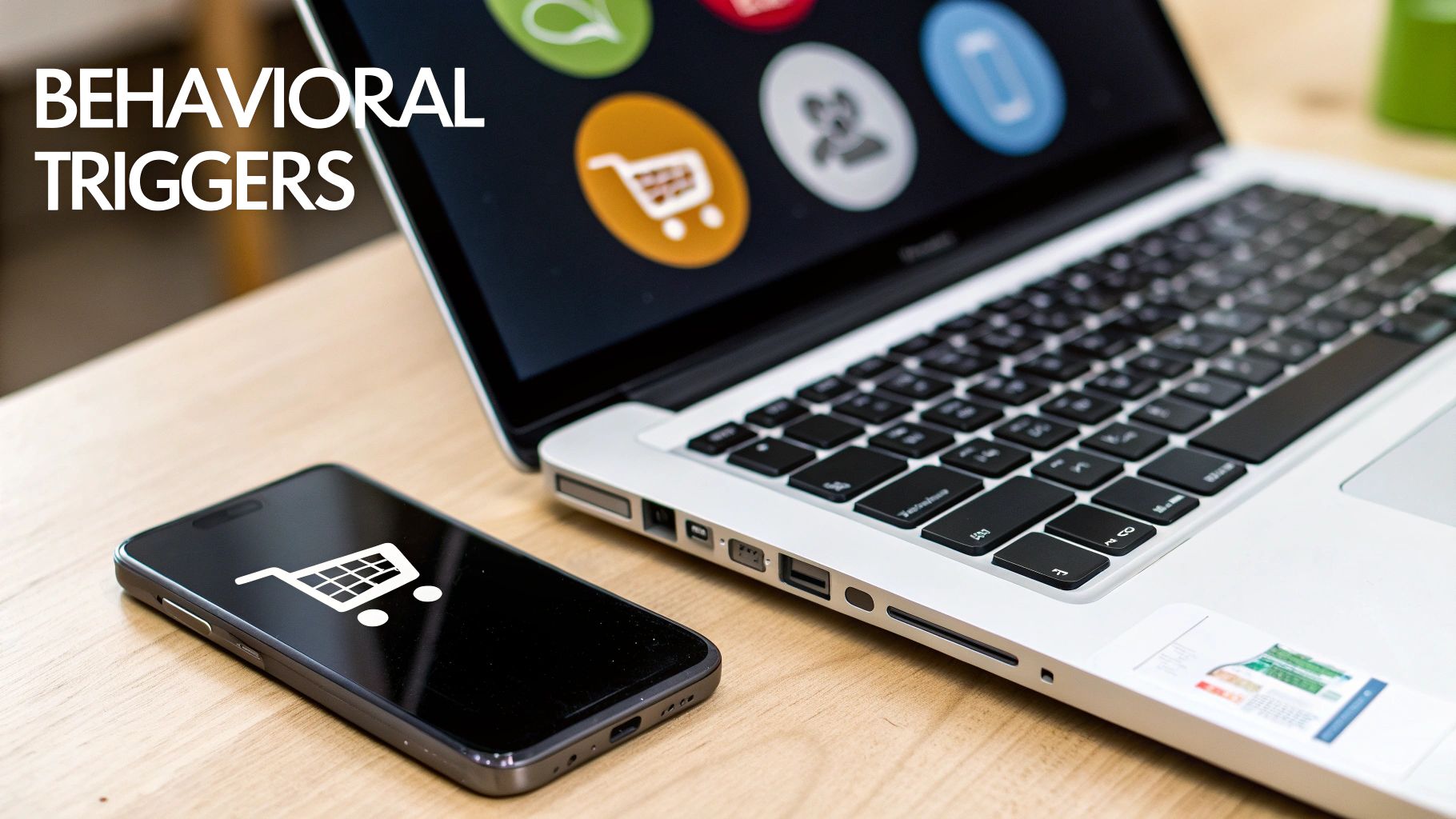 A laptop and smartphone on a wooden desk, both displaying shopping cart icons, with &#39;BEHAVIORAL TRIGGERS&#39; text.