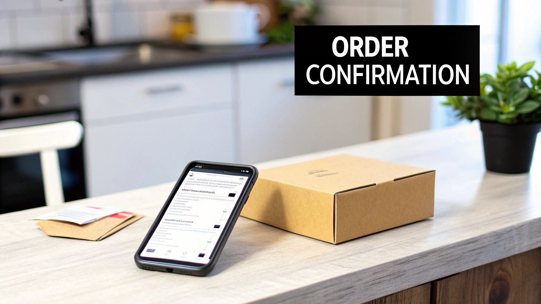 A smartphone displaying an order confirmation email next to a package on a kitchen counter.
