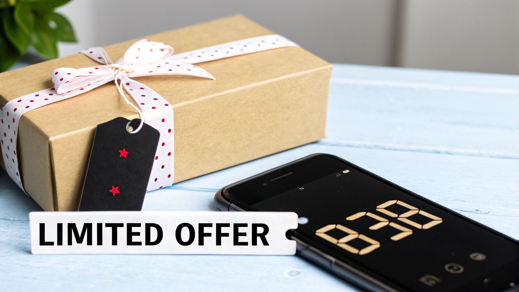 A gift box with a polka dot ribbon, a 'LIMITED OFFER' sign, and a smartphone displaying '838'.