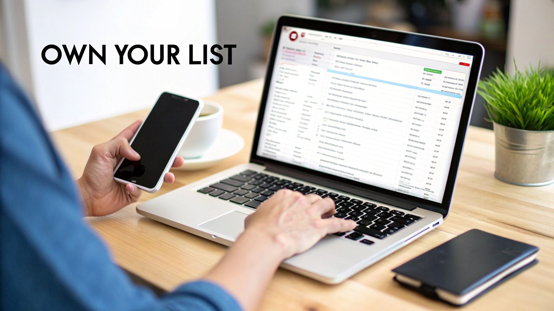 A person works on a laptop with an email list displayed, holding a smartphone. Text: 'OWN YOUR LIST'.