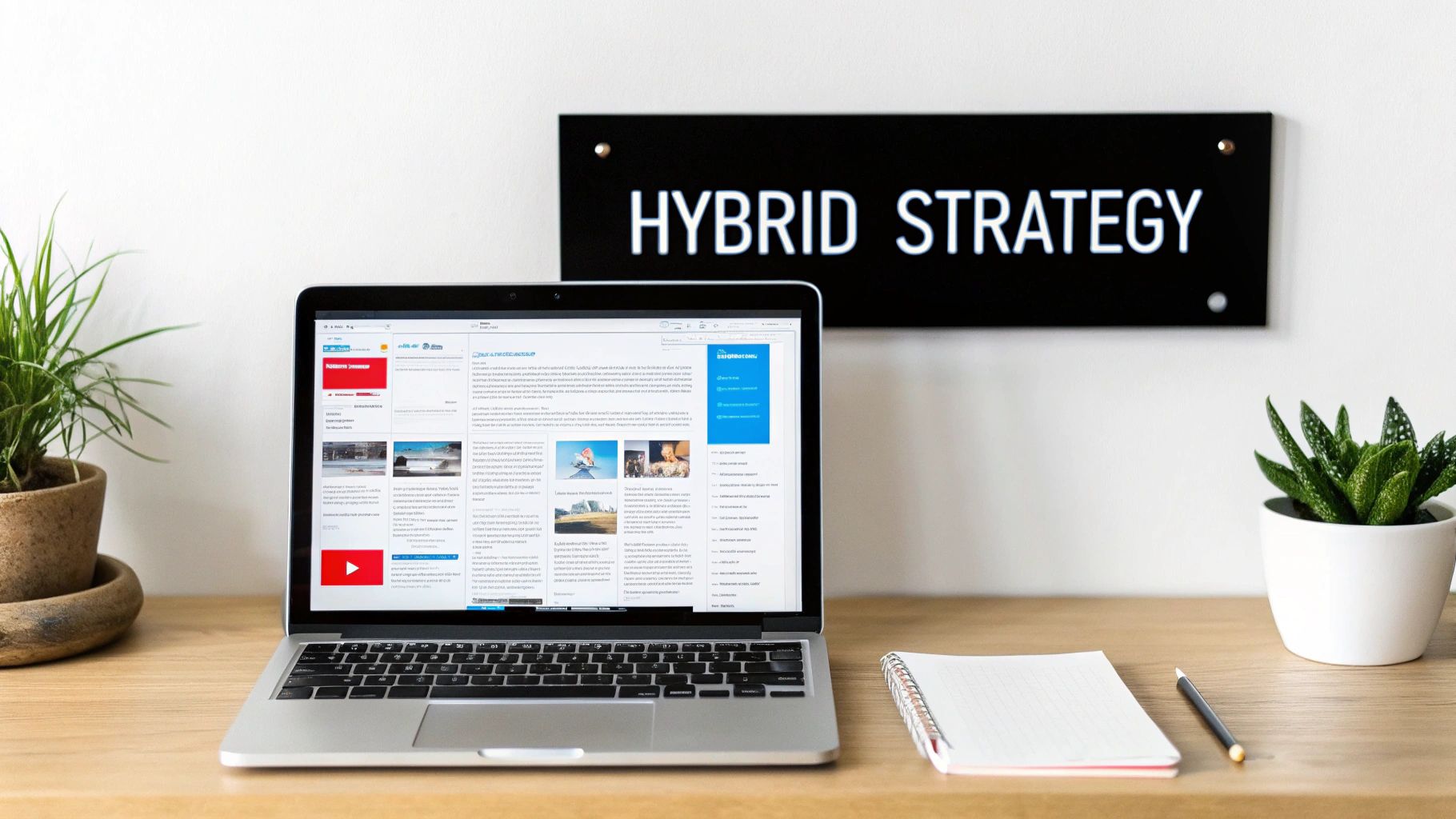 A modern desk setup with a laptop showing a webpage, plants, a notepad, and a 'HYBRID STRATEGY' sign.