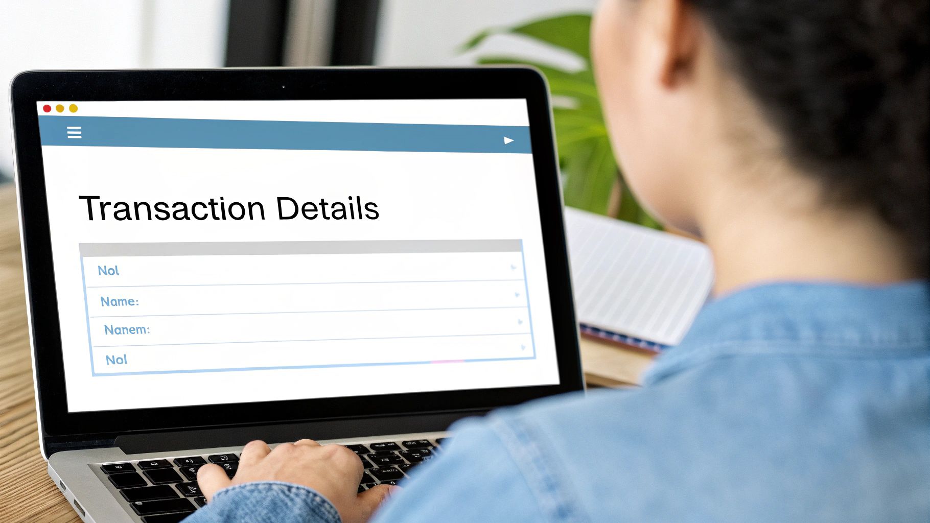 A person works on a laptop displaying 'Transaction Details' with input fields, demonstrating online data entry.