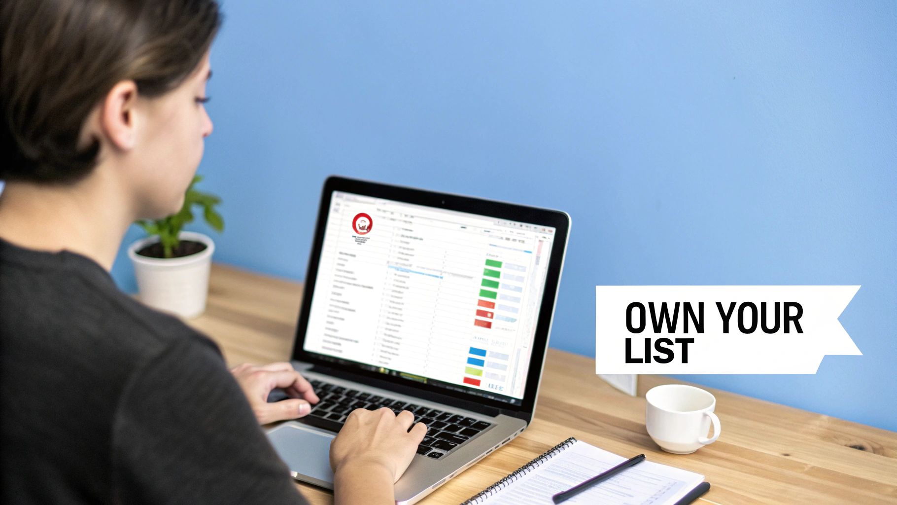 A person types on a laptop at a wooden desk with a plant and coffee cup, next to an 'OWN YOUR LIST' banner.