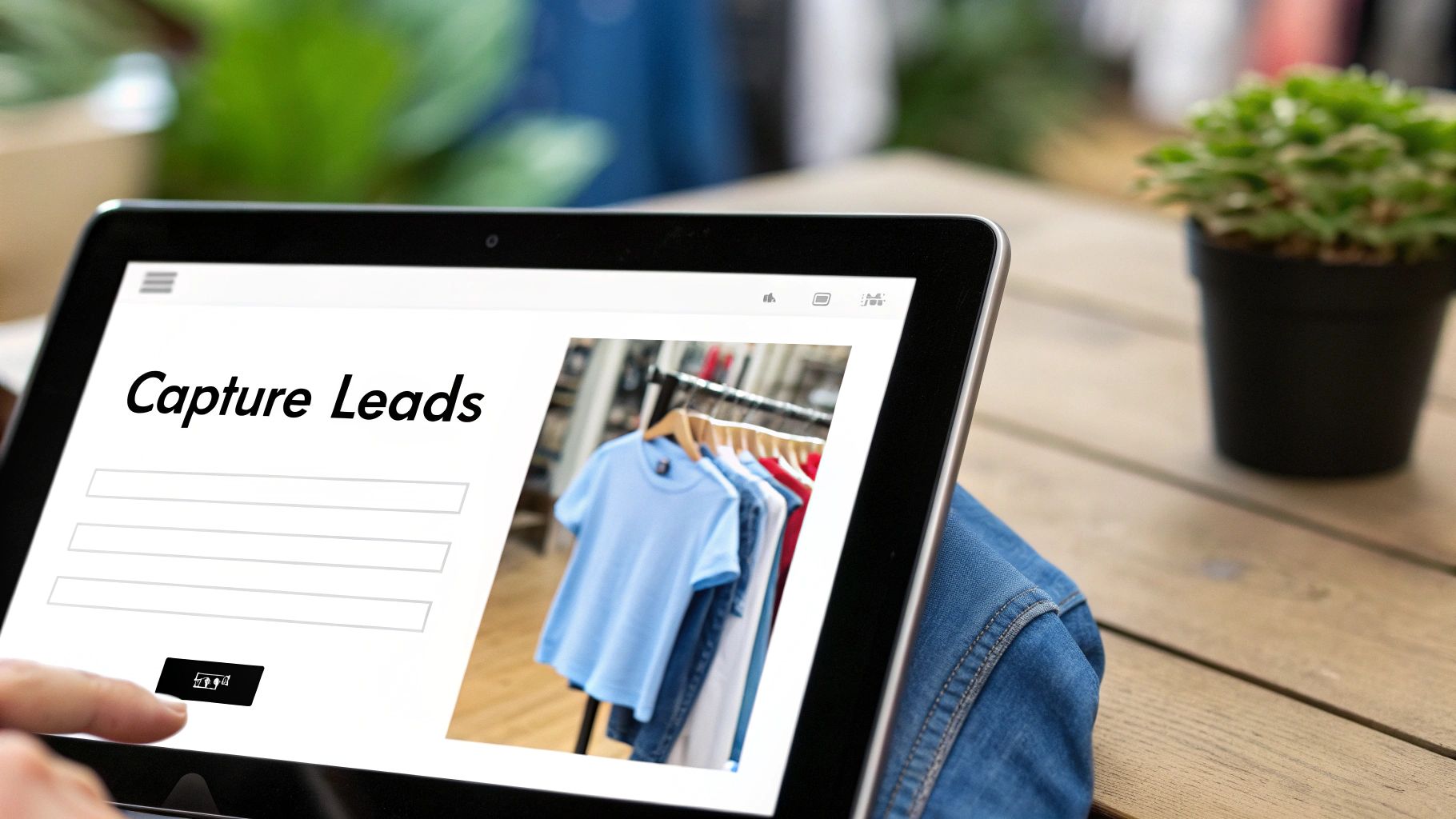 A person's finger taps a tablet screen showing a 'Capture Leads' form and various clothes on a rack.