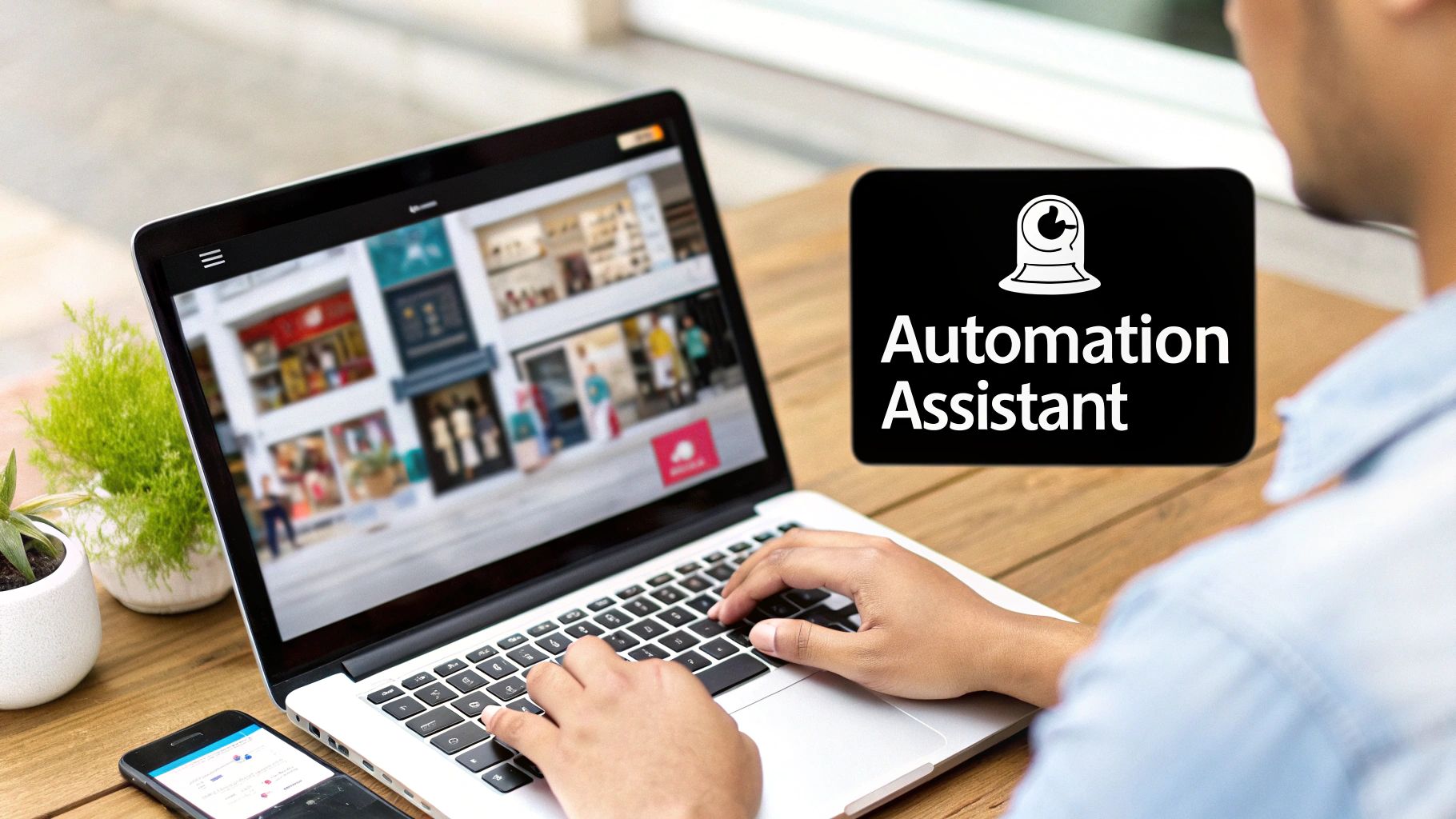 Over-the-shoulder view of a person using a laptop, showing 'Automation Assistant' text.