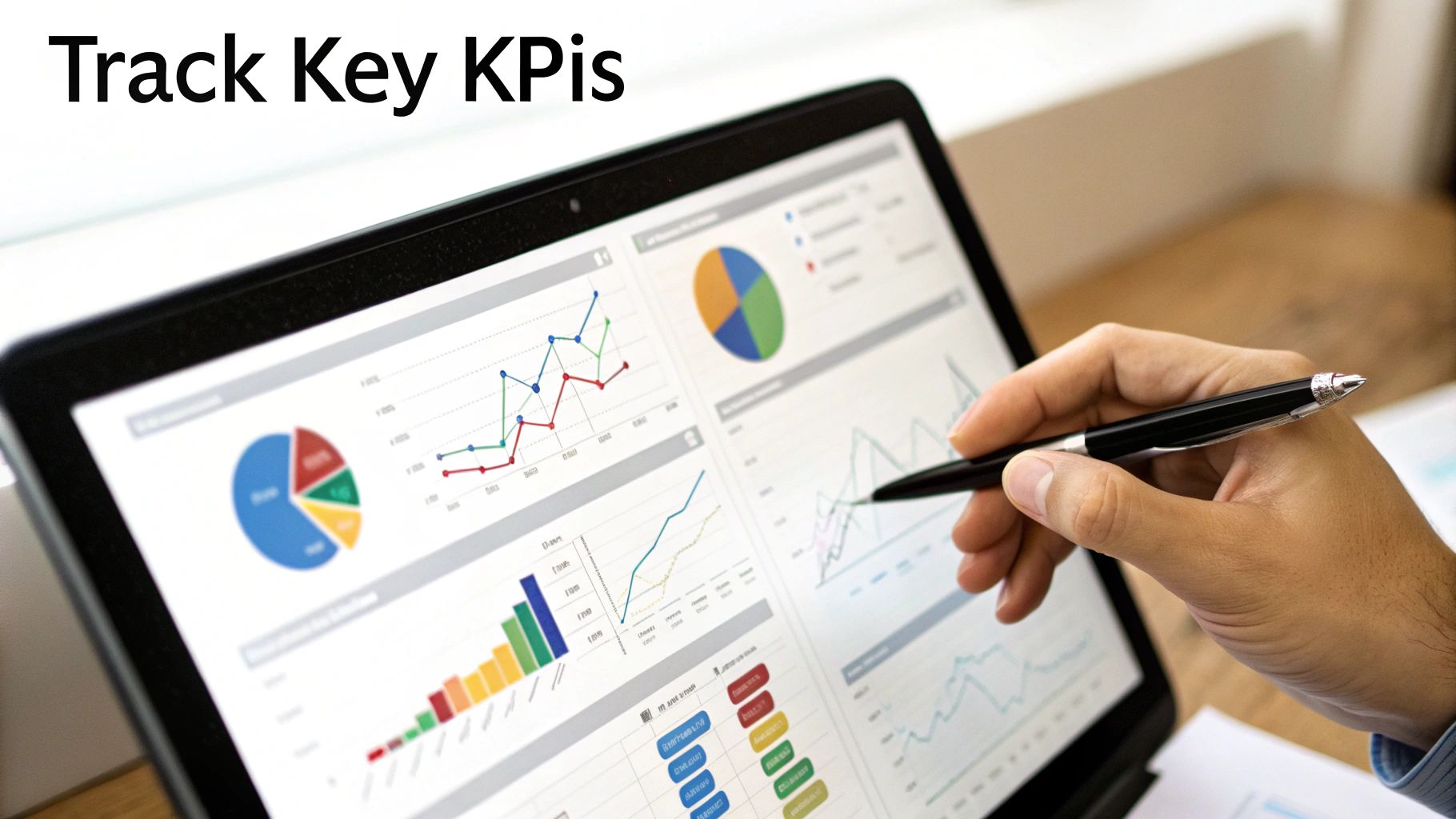 Hand pointing at a tablet displaying colorful KPI dashboards with various charts and graphs.
