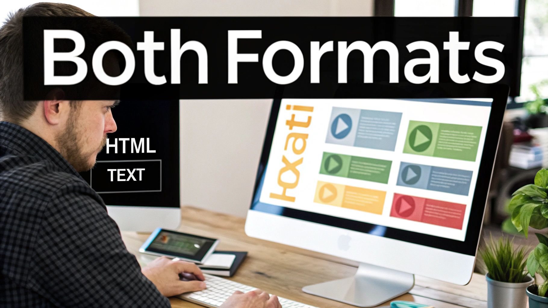 Man working at a desk with dual monitors showing 'Both Formats' and 'HTML TEXT'.