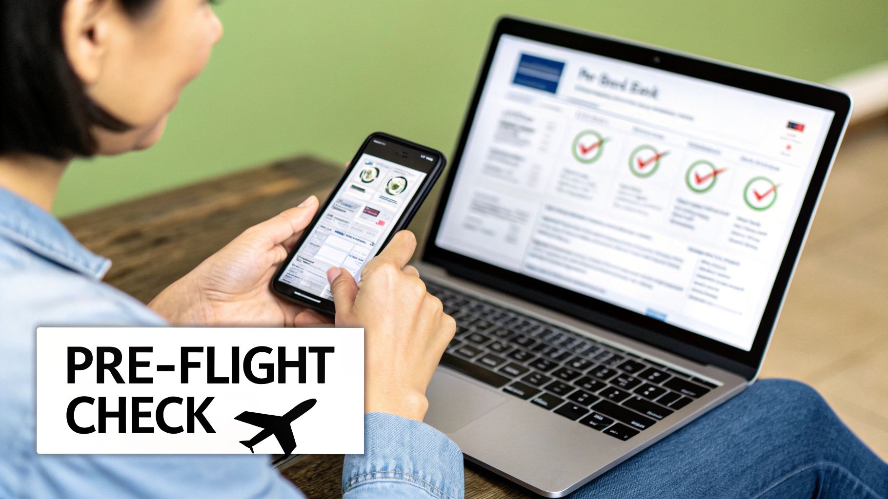 A person smiles while reviewing a pre-flight checklist on a laptop and smartphone.
