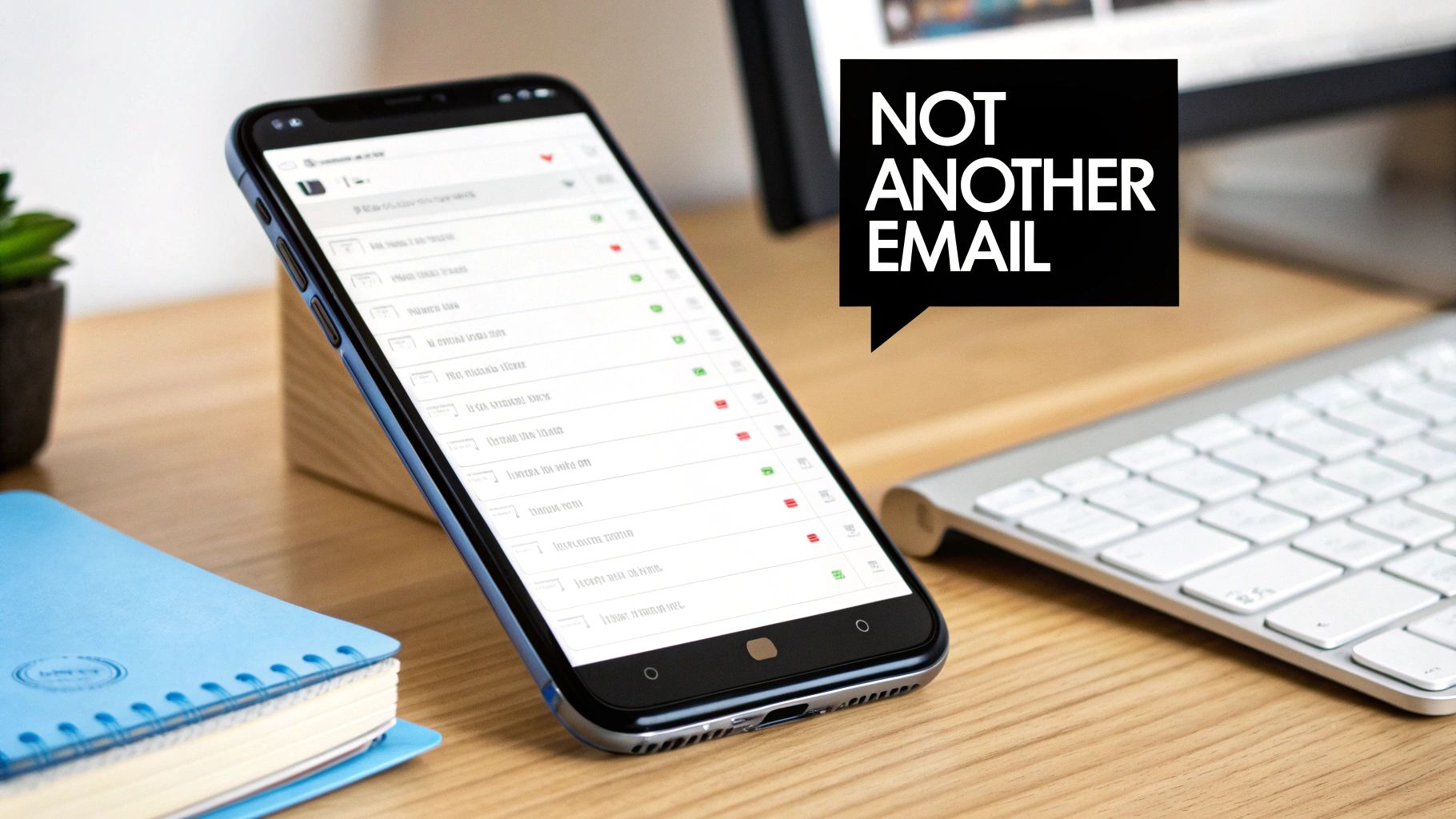 Smartphone with email inbox, blue notebook, and keyboard on a desk. A speech bubble says 'NOT ANOTHER EMAIL'.