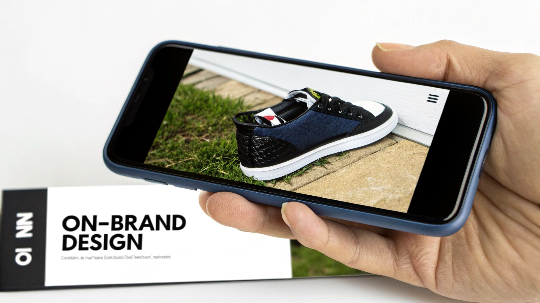 A hand holds a smartphone displaying a blue and black sneaker on a paved path.
