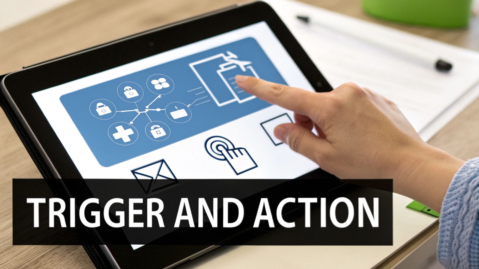 A person's hand interacts with a tablet displaying a marketing automation workflow diagram.