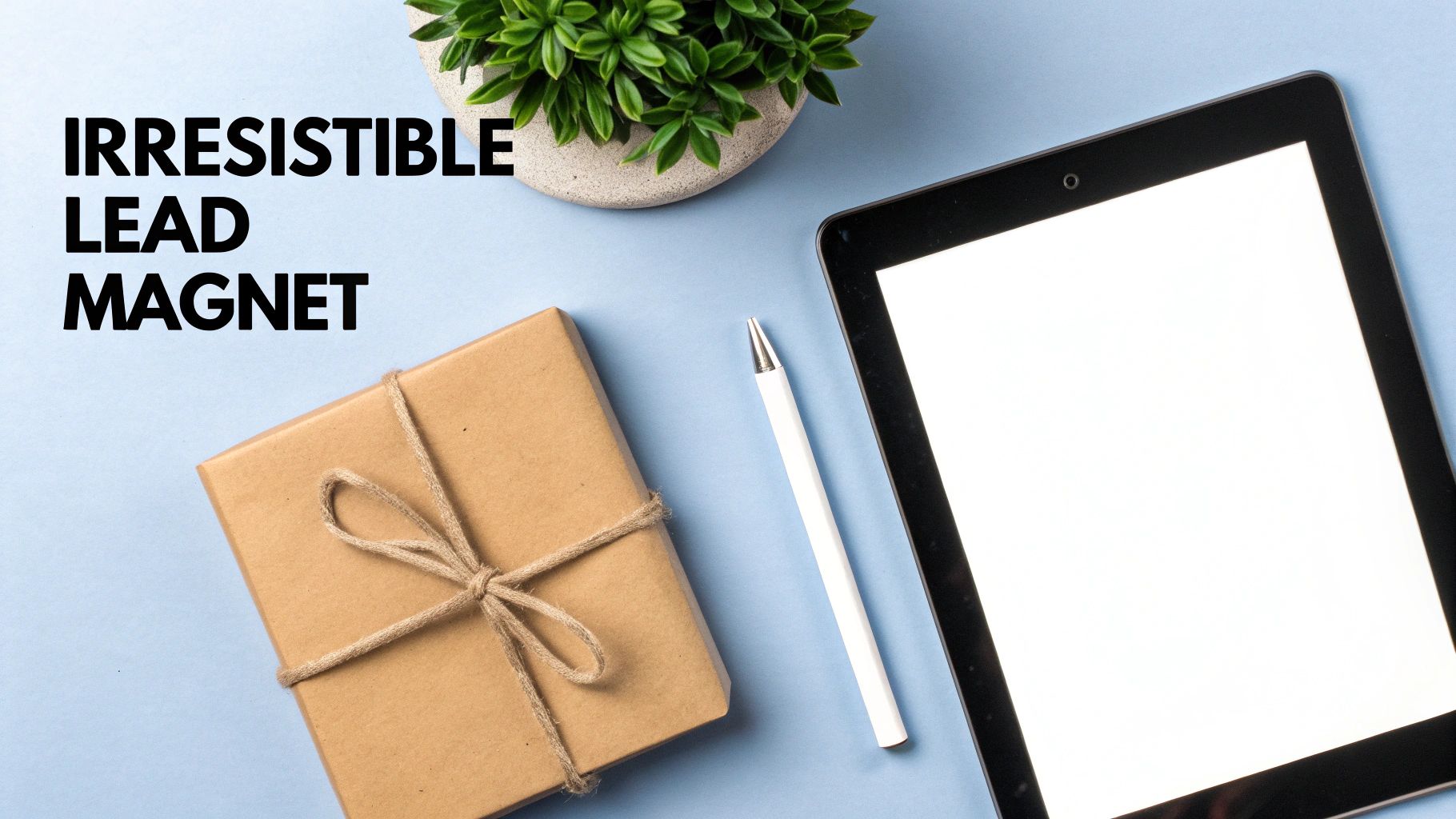 A flat lay shows a brown gift box, a white stylus, a black tablet, a green plant, and the text 'Irresistible Lead Magnet' on a light blue background.
