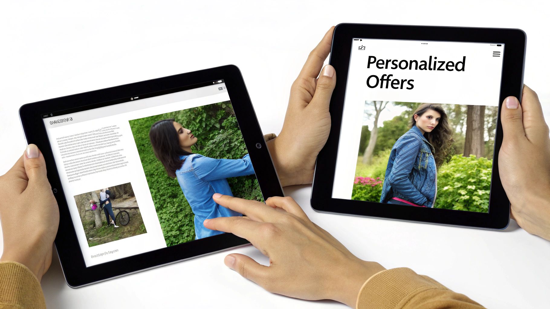 Close-up of two people interacting with tablets, showing articles and personalized offers.