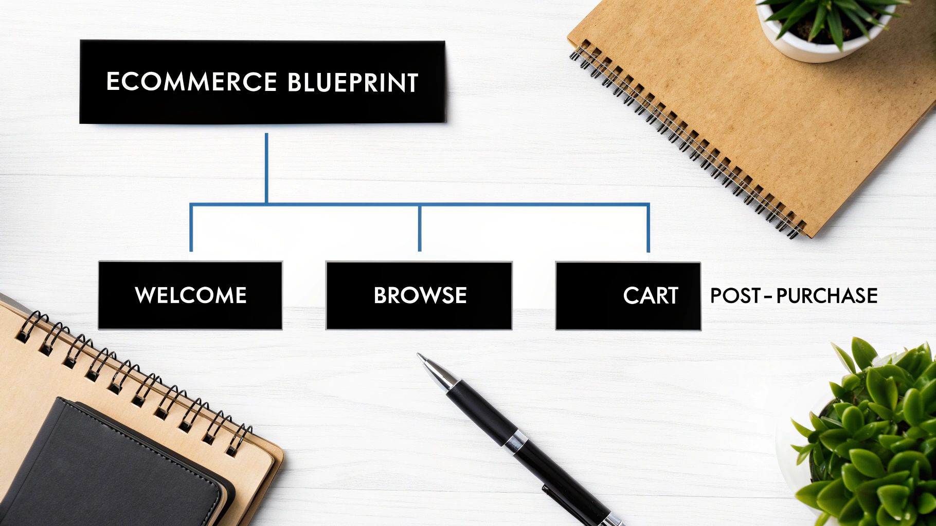 An e-commerce blueprint flowchart illustrating customer journey stages: welcome, browse, cart, and post-purchase.