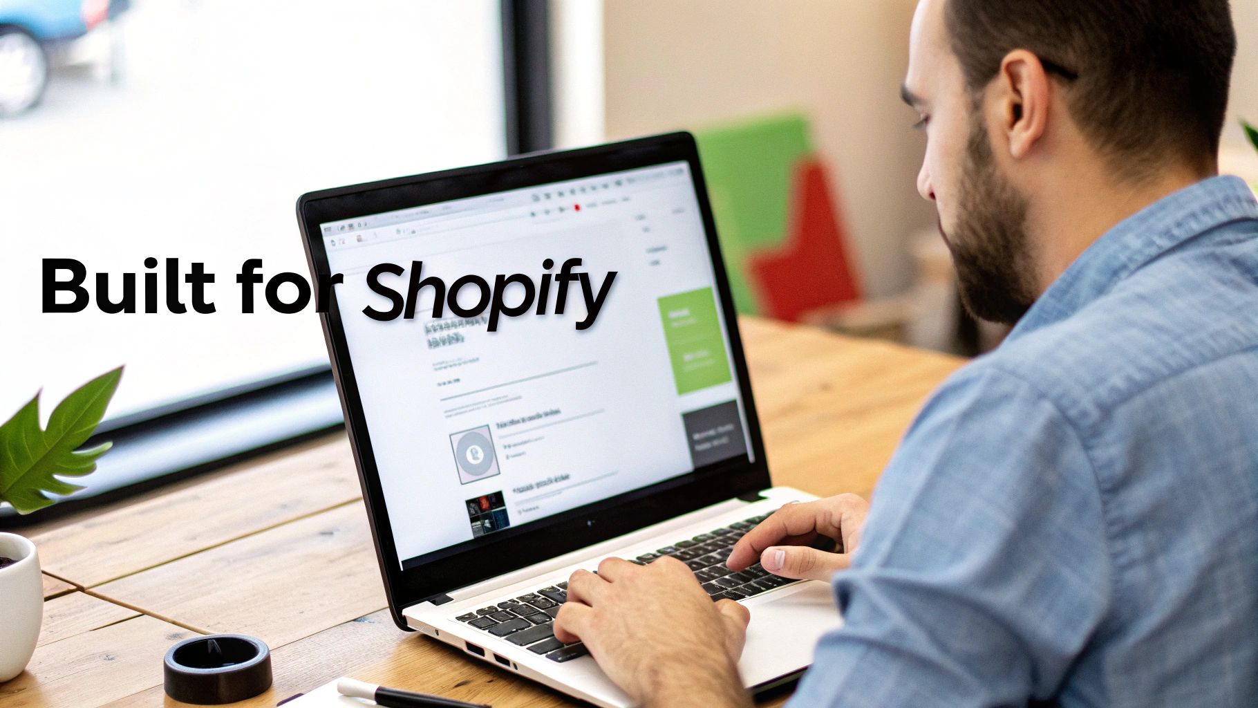 A man types on a laptop with 'Built for Shopify' text overlay, demonstrating a Shopify app or store.