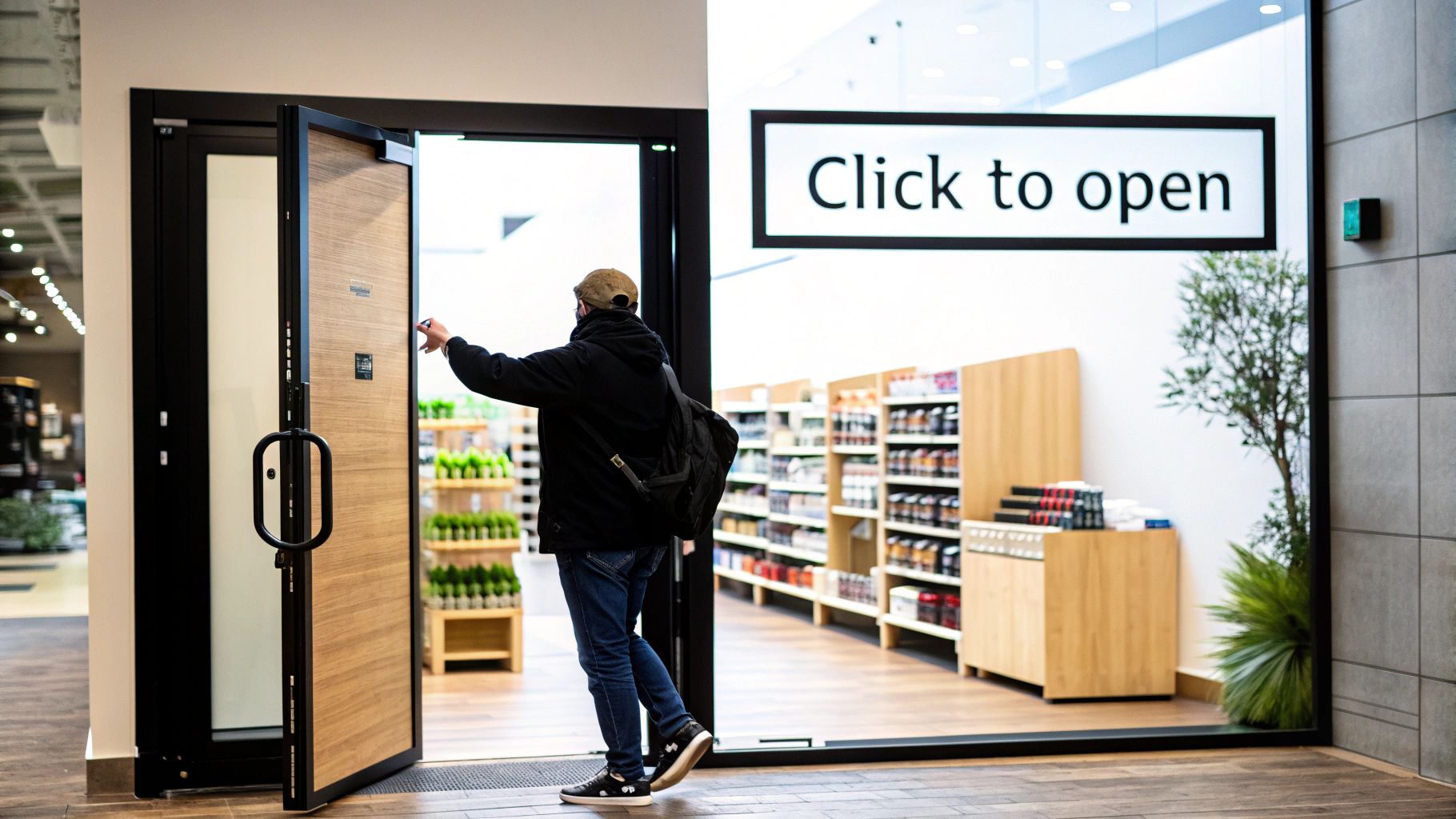 A person wearing a cap and backpack pushes open a wooden door to enter a store with a 'Click to open' sign.