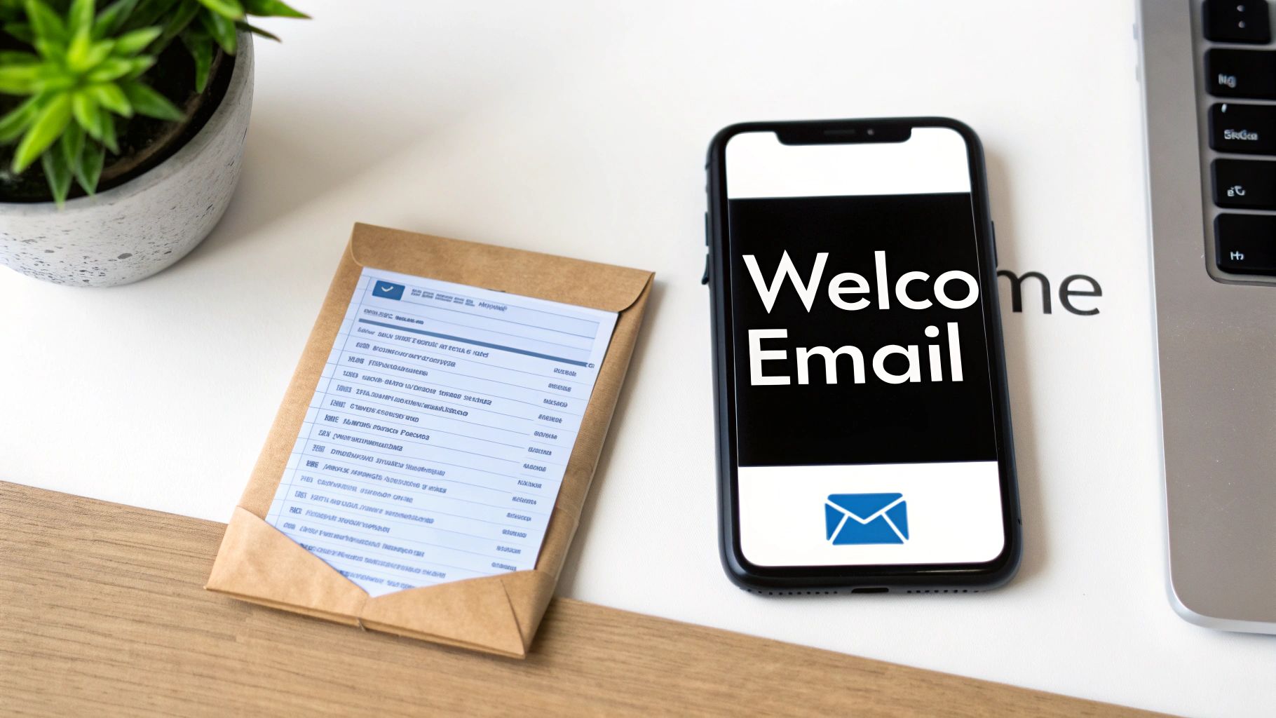 A smartphone displays 'Welcome Email' next to an open envelope, a potted plant, and a laptop.