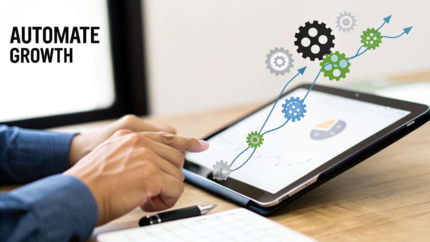 Hands interacting with a tablet showing data, overlaid with gears and arrows symbolizing automated business growth.