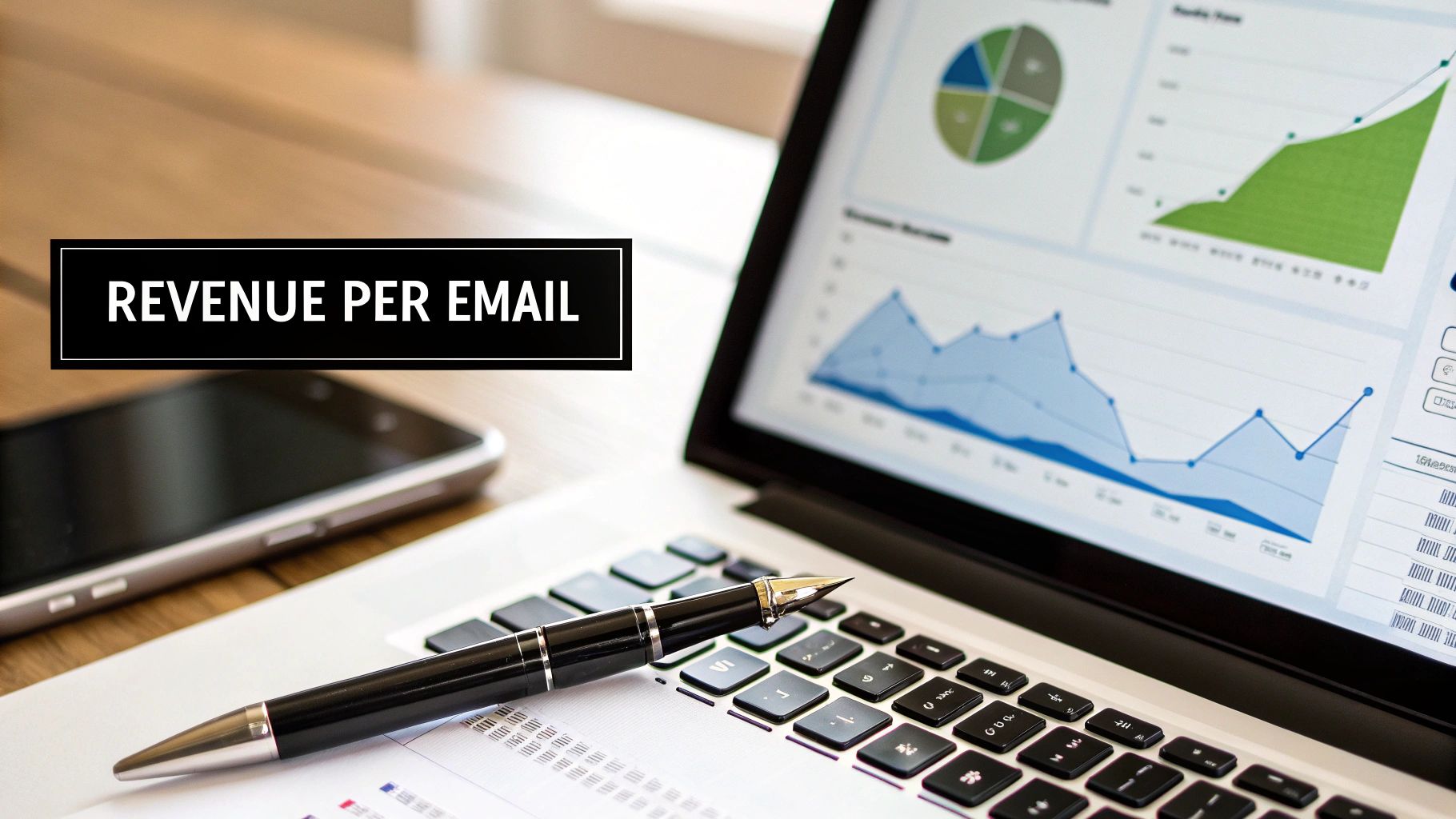Laptop displaying various data charts and graphs, a pen, and a smartphone on a desk. A banner states 'REVENUE PER EMAIL'.