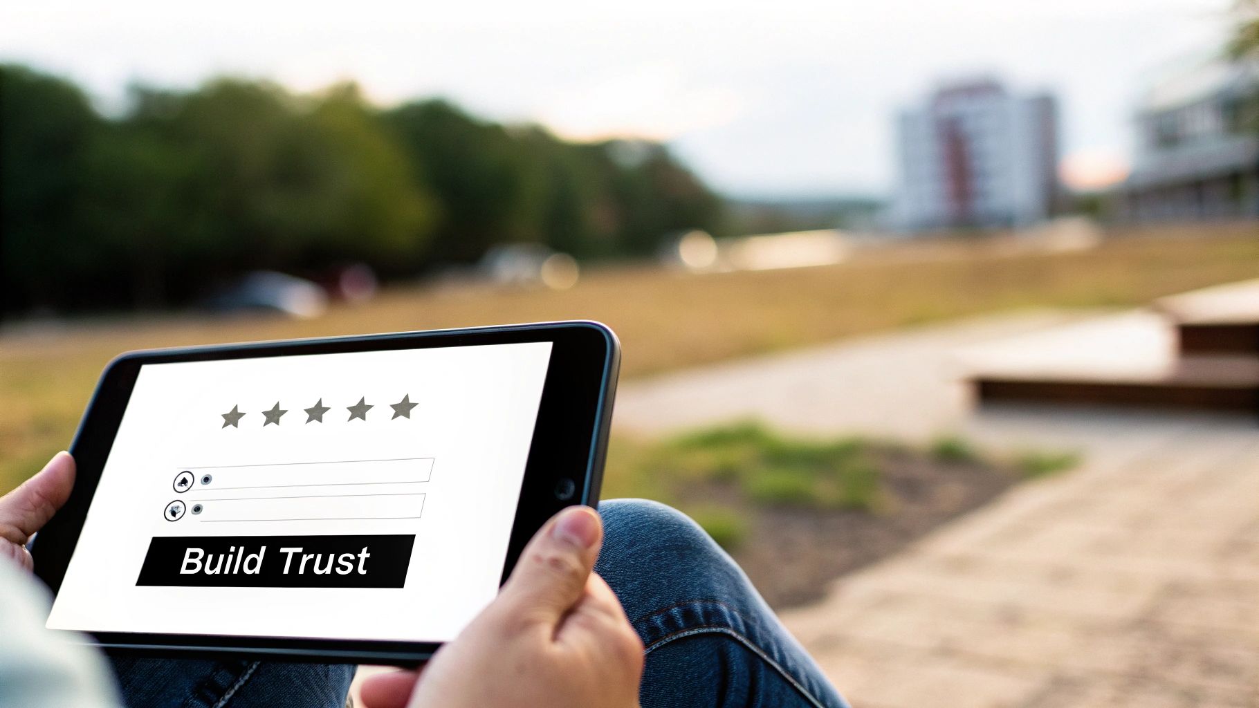 Hands holding a tablet displaying a 'Build Trust' button, input fields, and five stars outdoors.