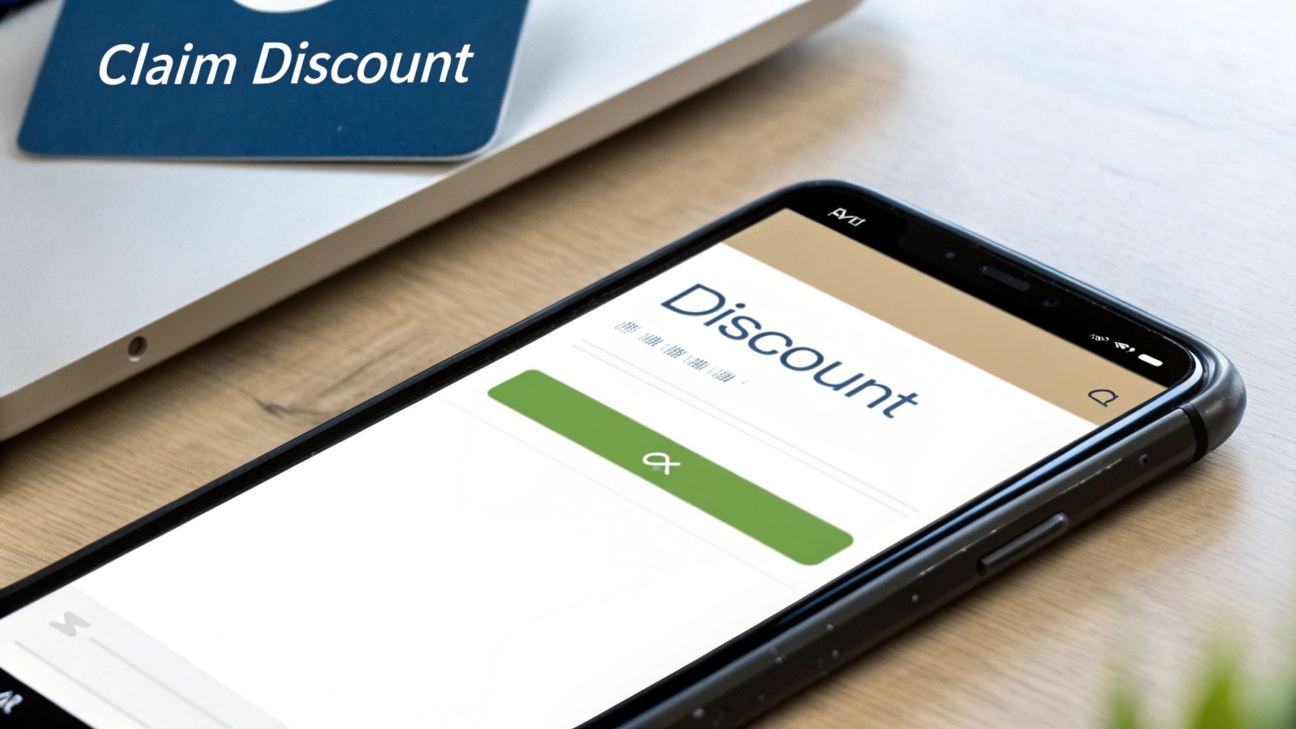 A smartphone displaying 'Discount' on its screen, next to a blue card that reads 'Claim Discount'.