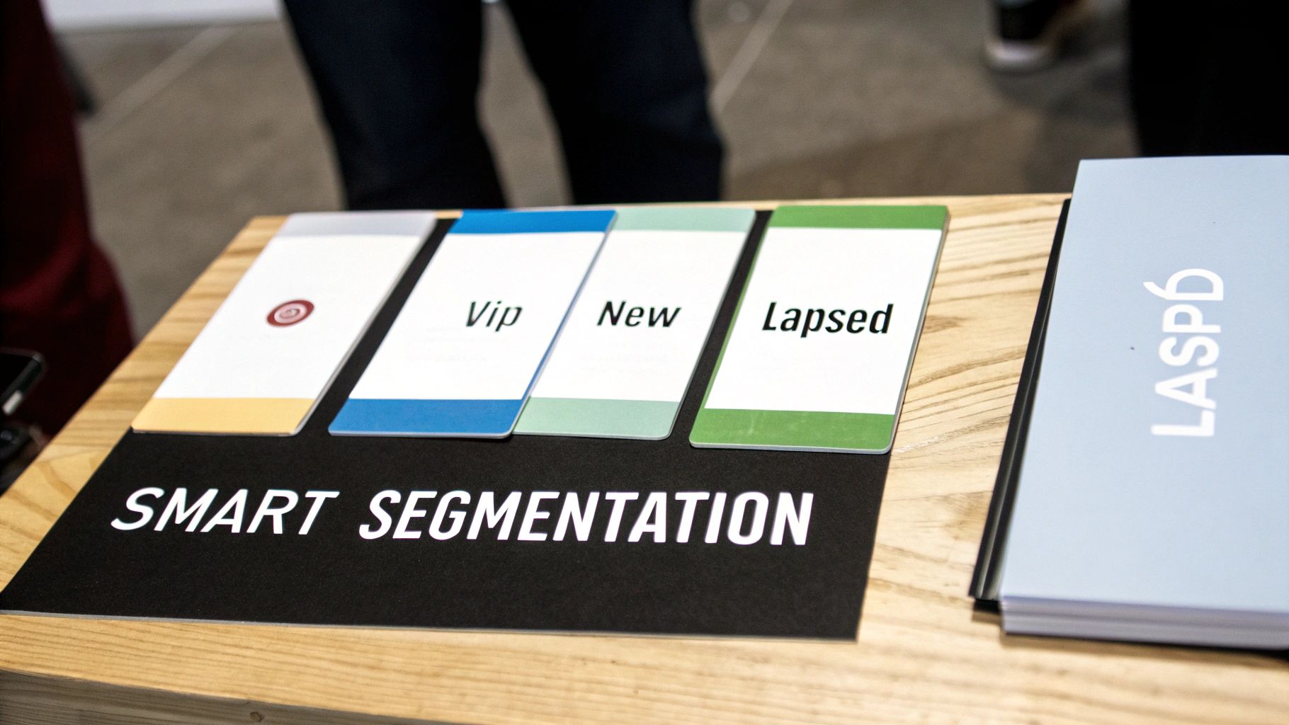 Smart segmentation display with cards for Vip, New, and Lapsed customer categories on a wooden table.