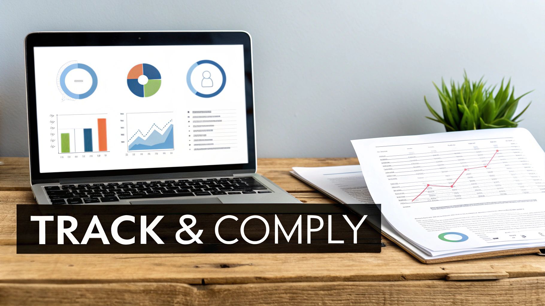 A laptop displaying data charts and graphs next to paper reports, with the text "TRACK &amp; COMPLY".