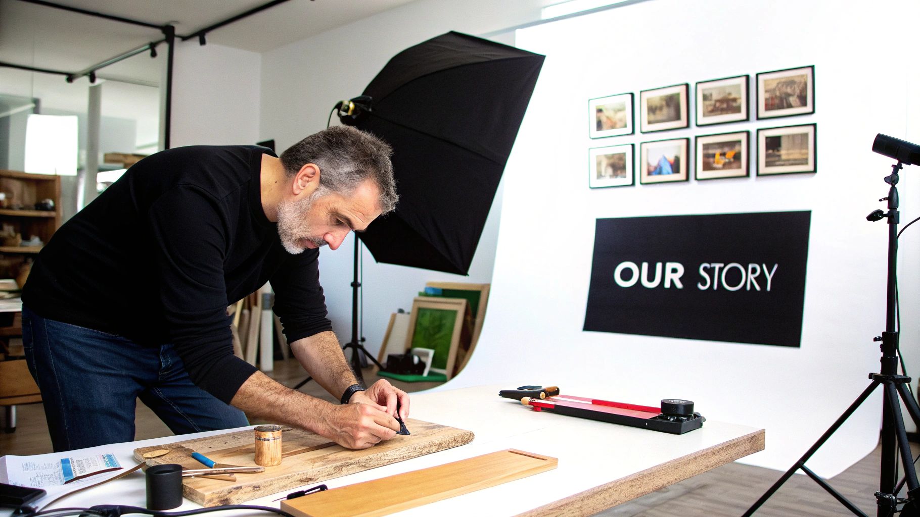 A man crafting a wooden object at a table in a photo studio setup with a white backdrop.