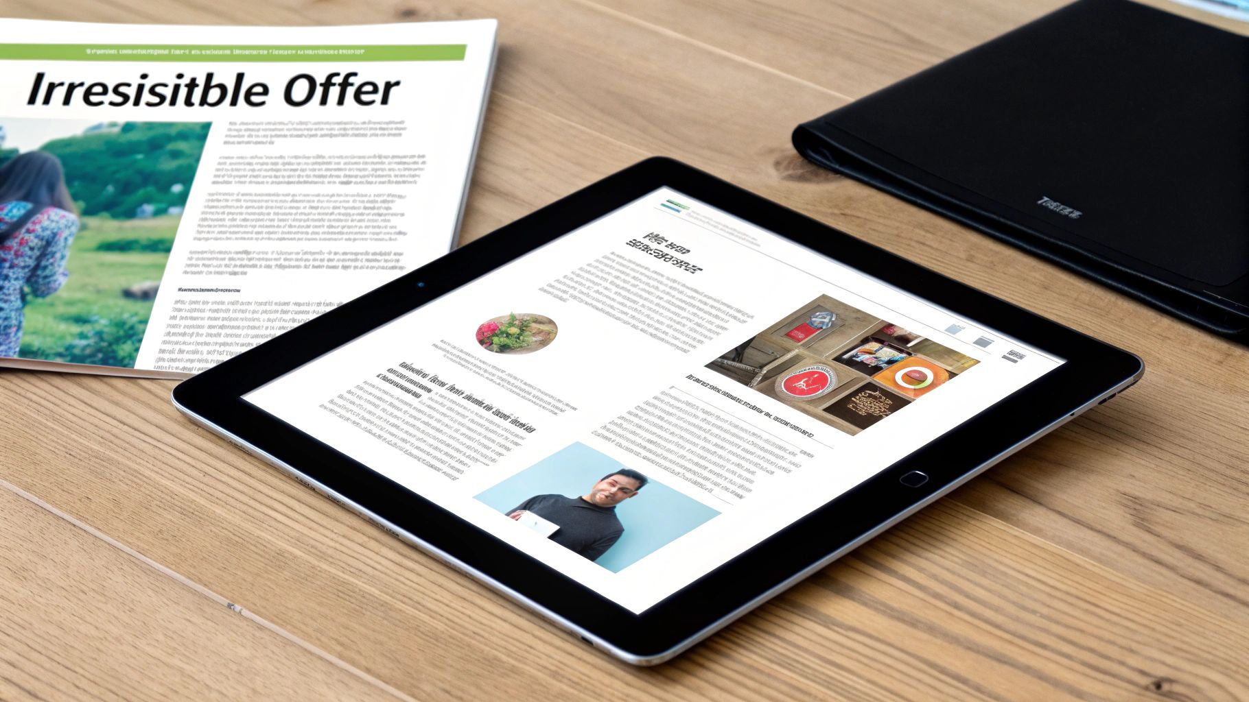 A newspaper with 'Irresistible Offer' and a tablet showing an article, alongside a black folder, on a wooden table.
