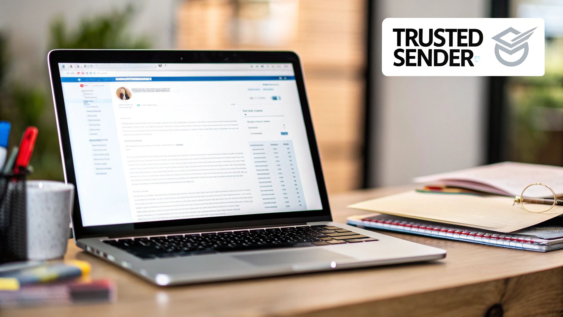 A laptop on a wooden desk displaying an email interface, with a 'Trusted Sender' logo.