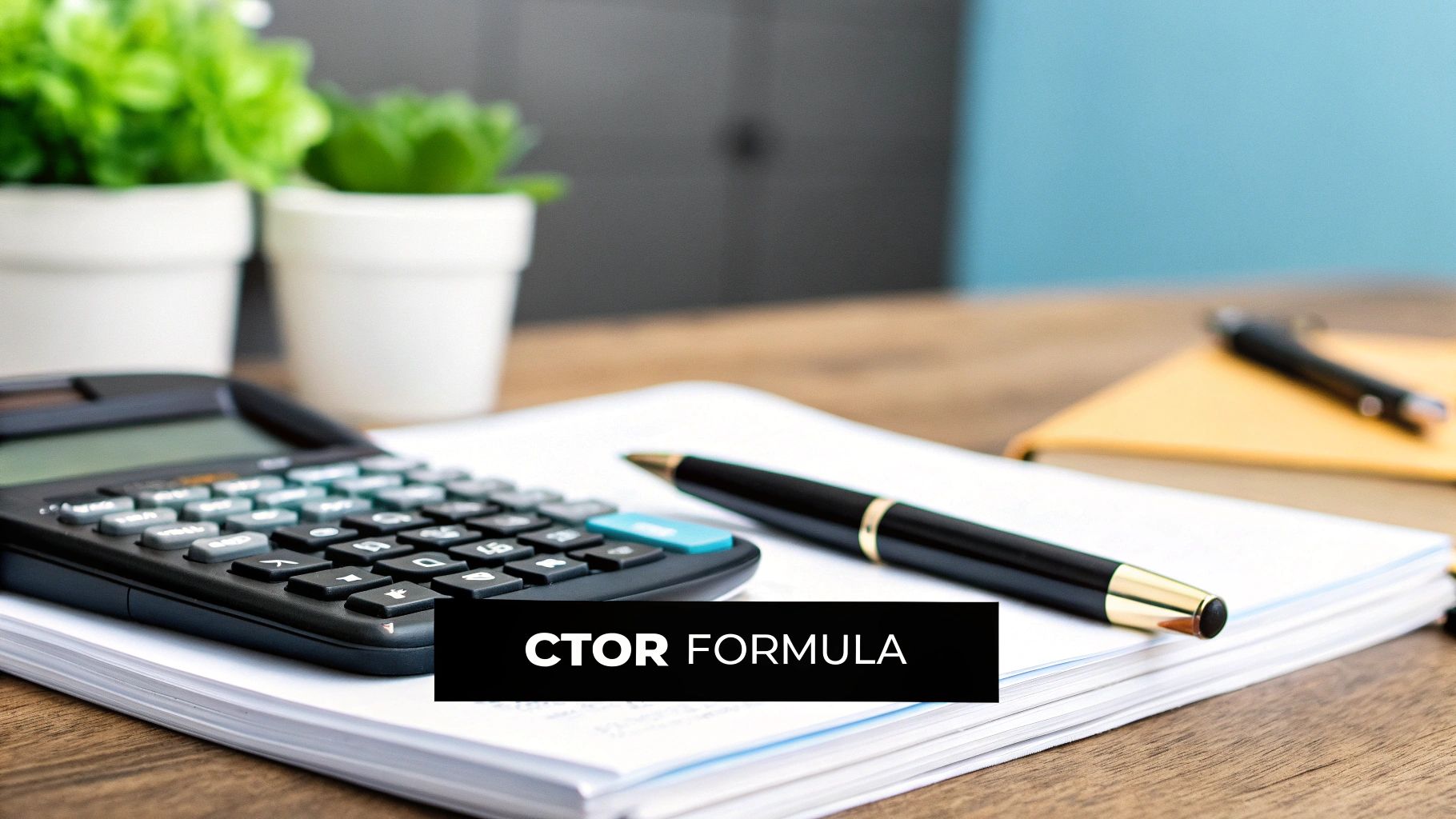 A calculator, pen, and papers on a wooden desk with plants, featuring 'CTOR FORMULA' text.