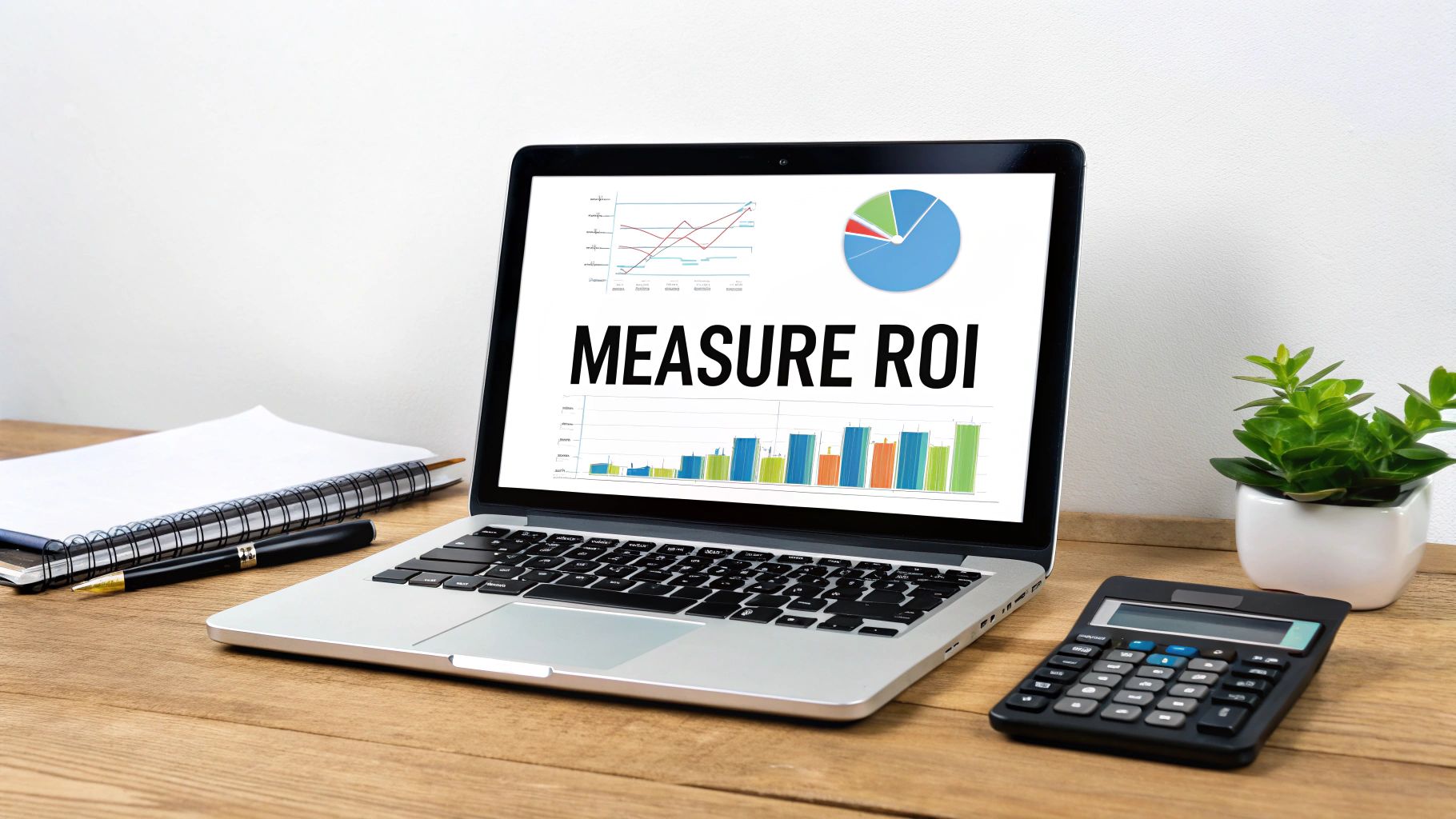 A laptop displaying "MEASURE ROI" with charts, a calculator, notebook, and plant on a desk.