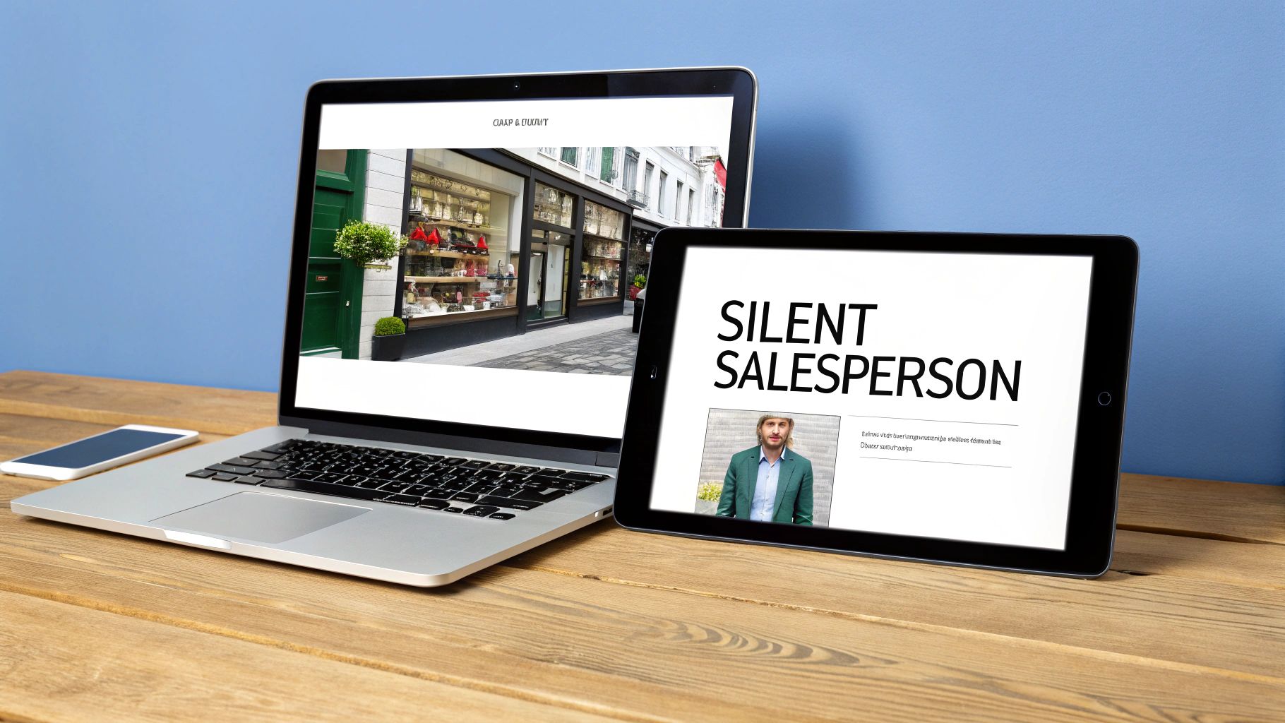 Laptop, tablet, and smartphone on a wooden desk, showing business and marketing content.