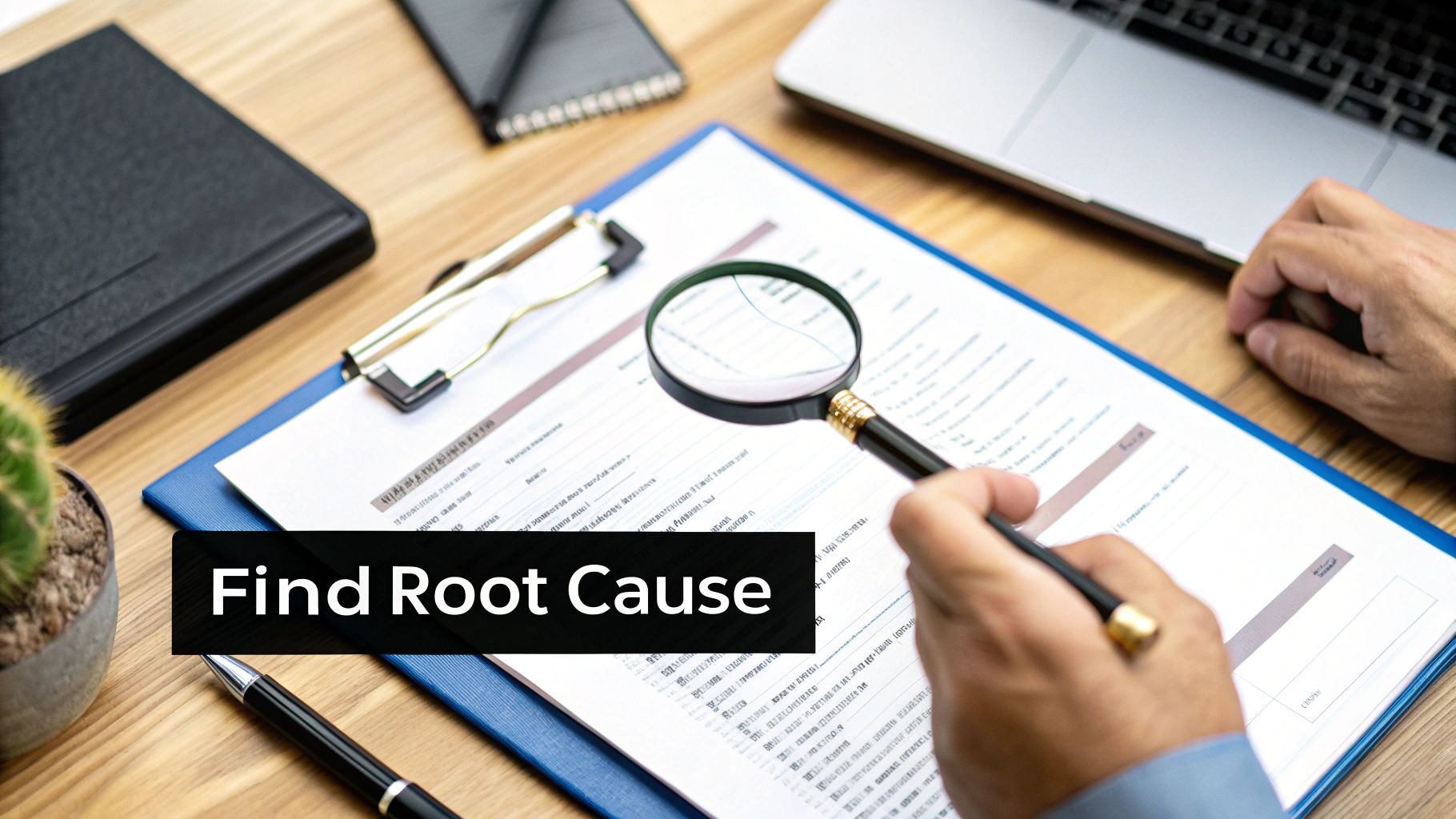 A person uses a magnifying glass and pen to meticulously review a document on a clipboard, symbolizing root cause analysis.
