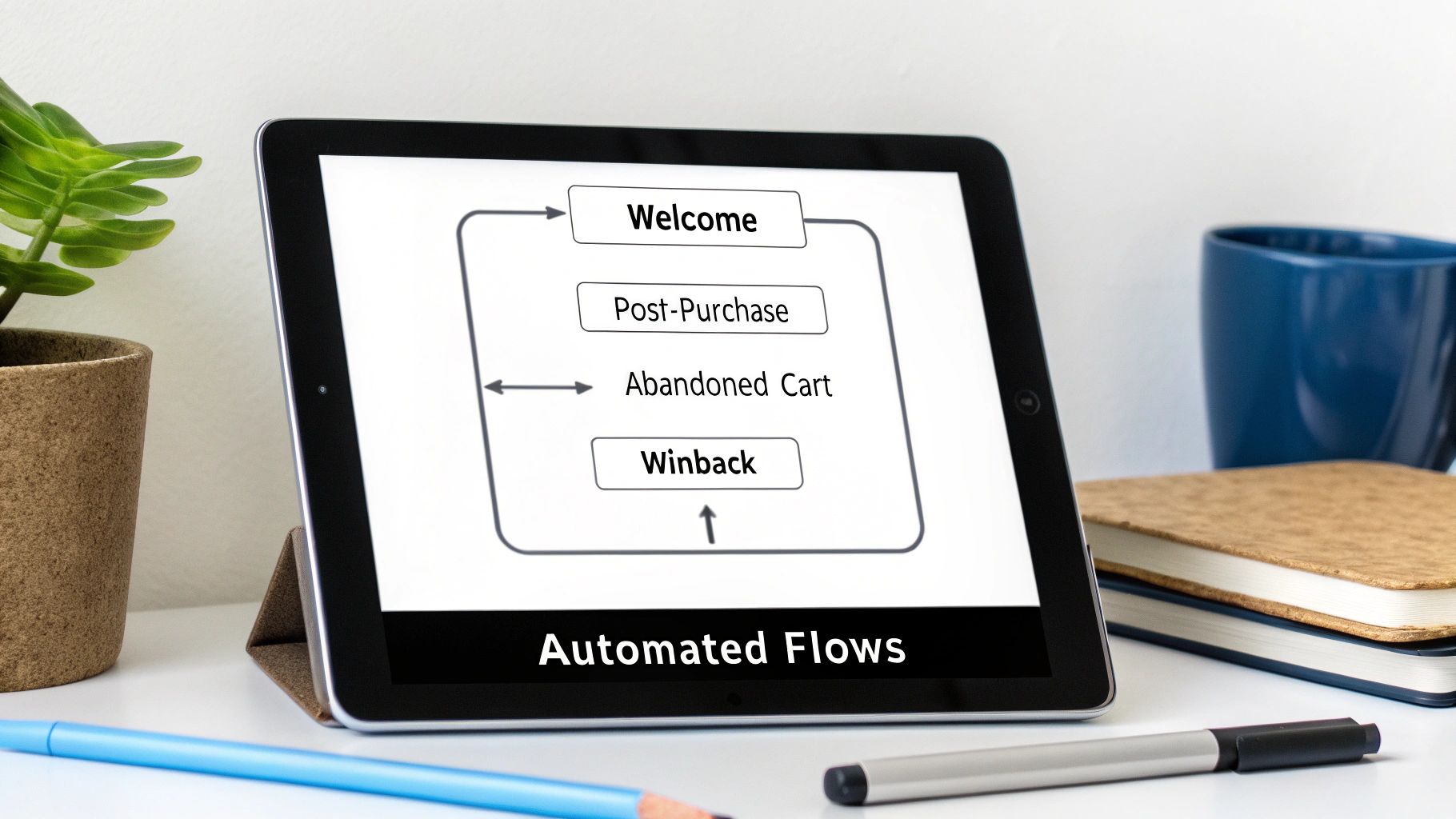 Diagram on a tablet showing automated customer lifecycle flows: Welcome, Post-Purchase, Abandoned Cart, Winback.